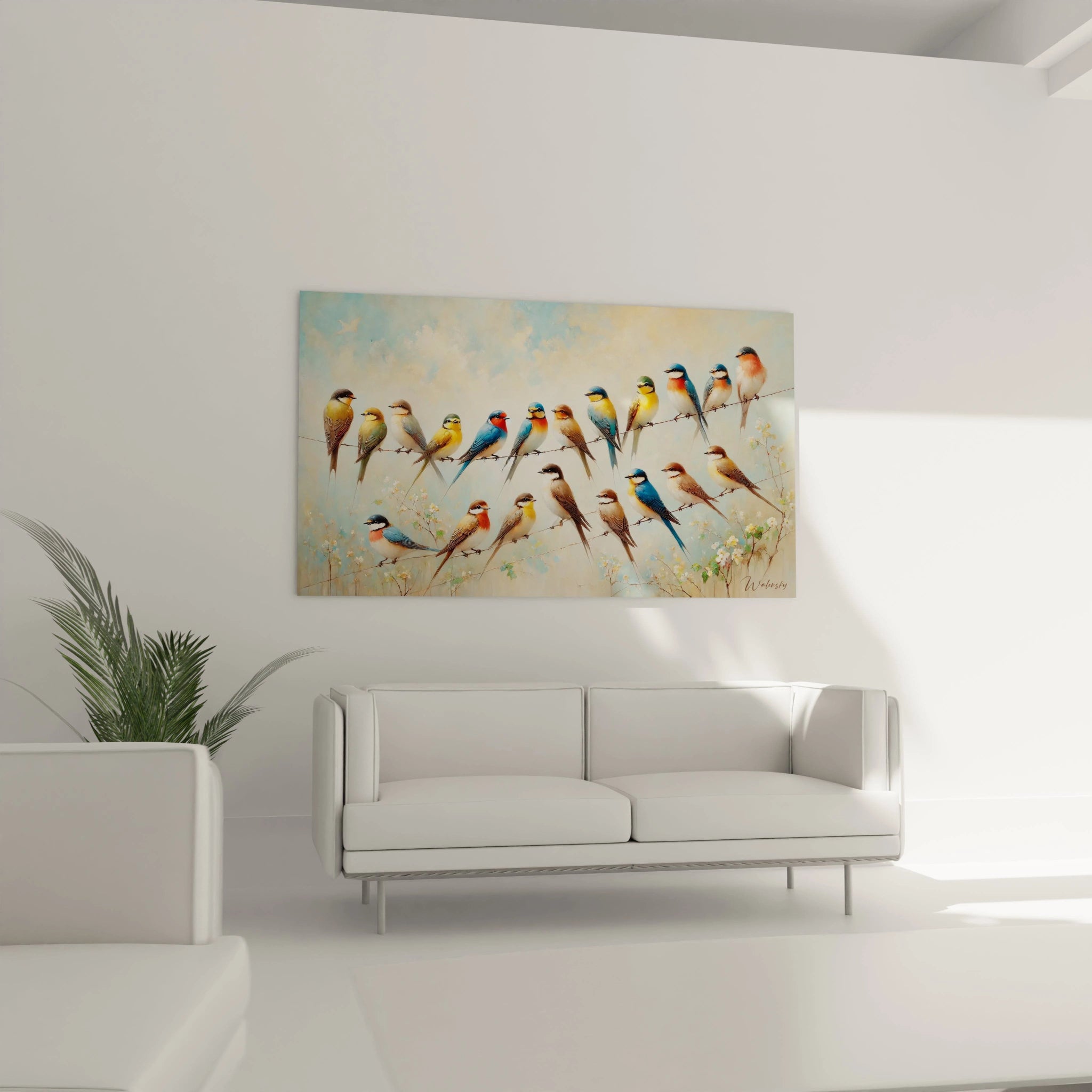 Ce tableau oiseaux installé au-dessus du canapé illumine le salon avec ses couleurs vibrantes et son design apaisant. Une œuvre idéale pour une décoration moderne et inspirante.