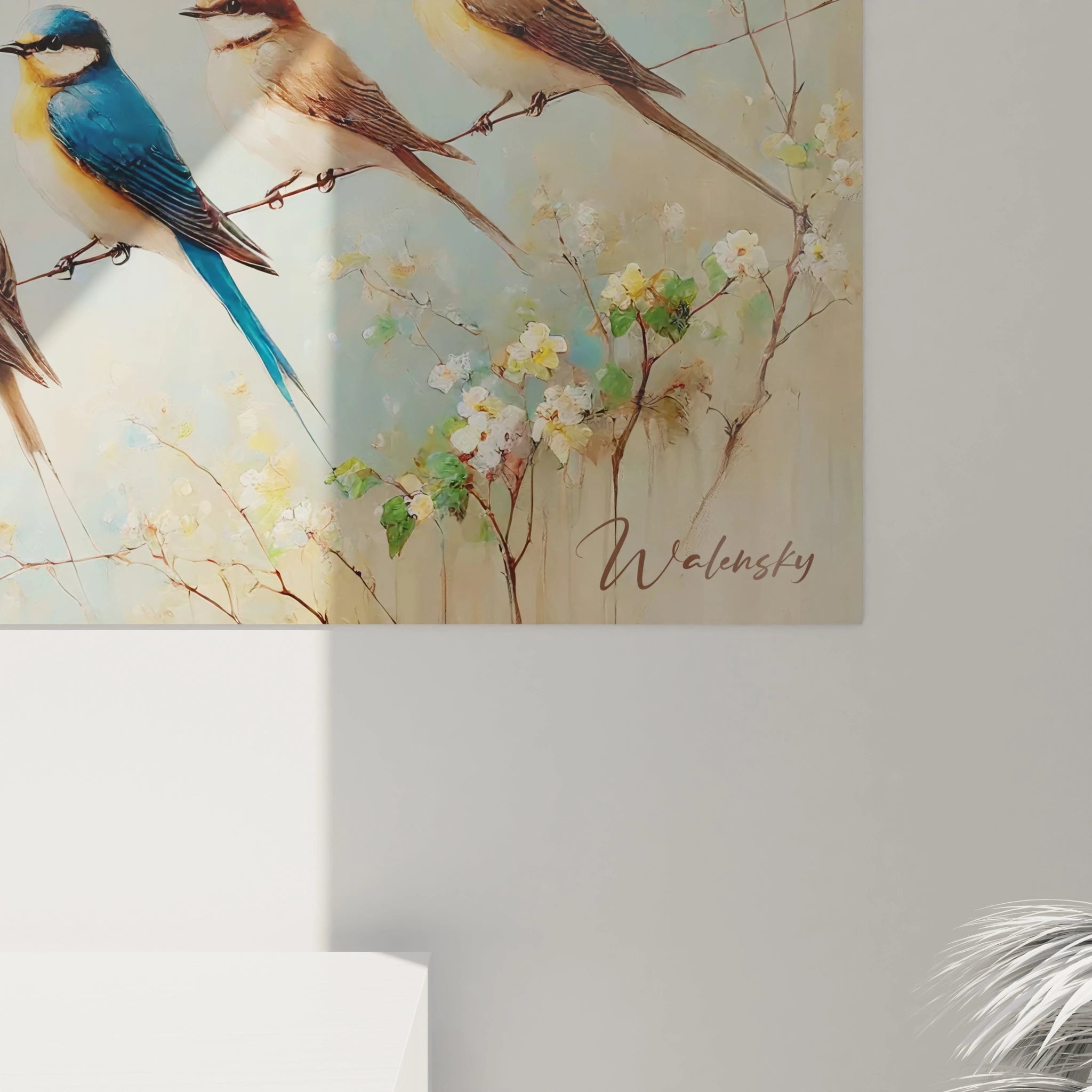 Ce tableau oiseaux dévoile de près des détails impressionnants, avec des textures réalistes de plumes et des expressions uniques. Chaque oiseau semble prendre vie dans cette composition colorée.