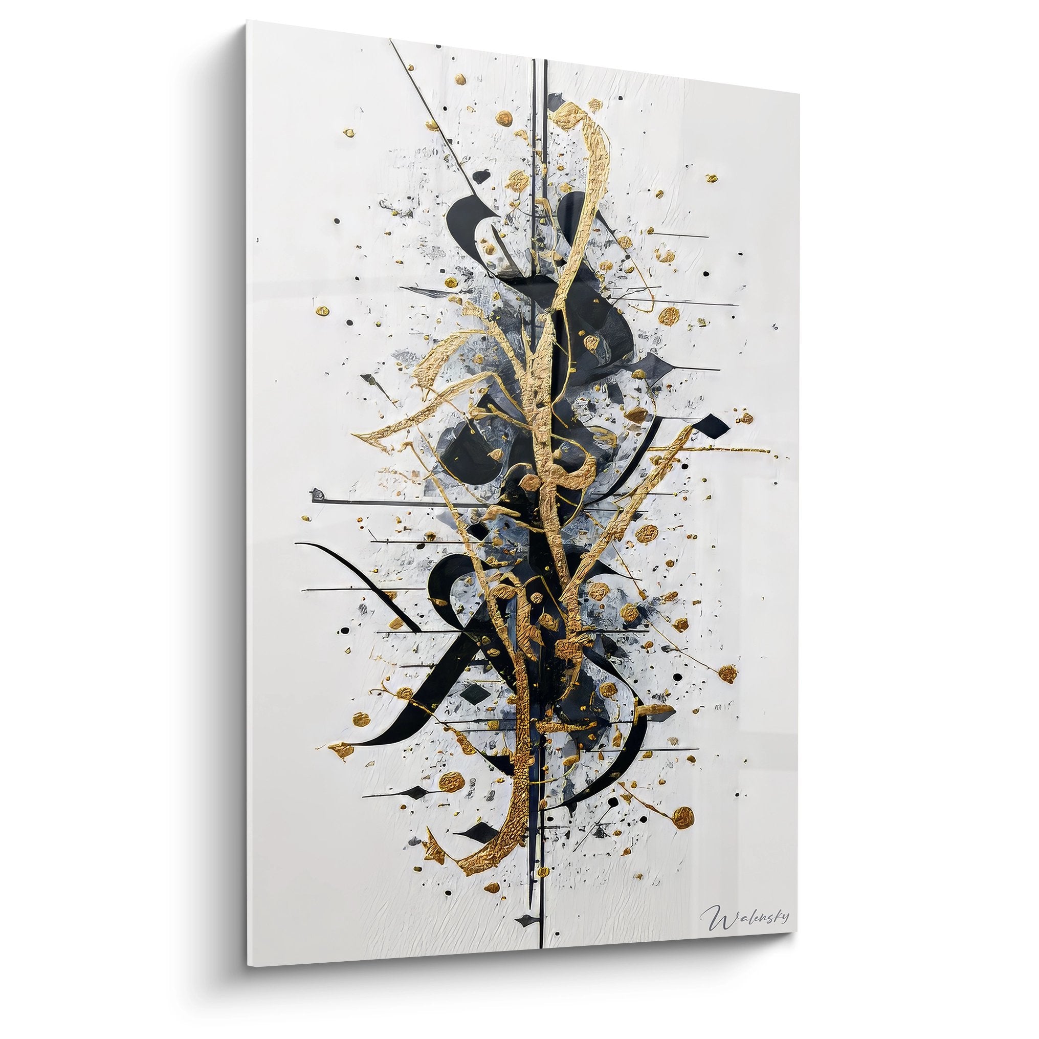 Tableau mural composition abstraite dorée et noire avec explosion créative dynamique style contemporain