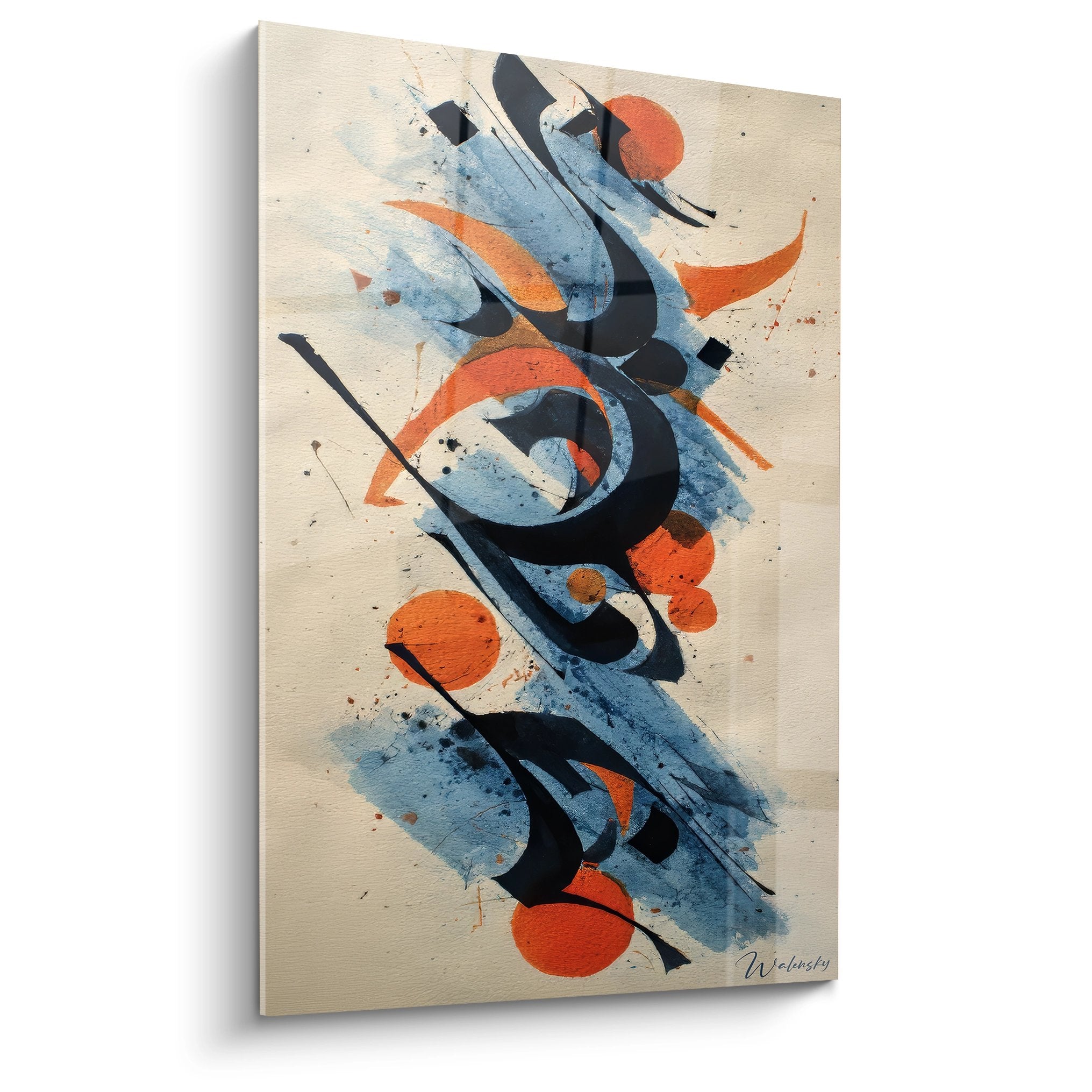 Tableau mural composition abstraite avec formes noires fluides et accents orange sur fond beige texturé