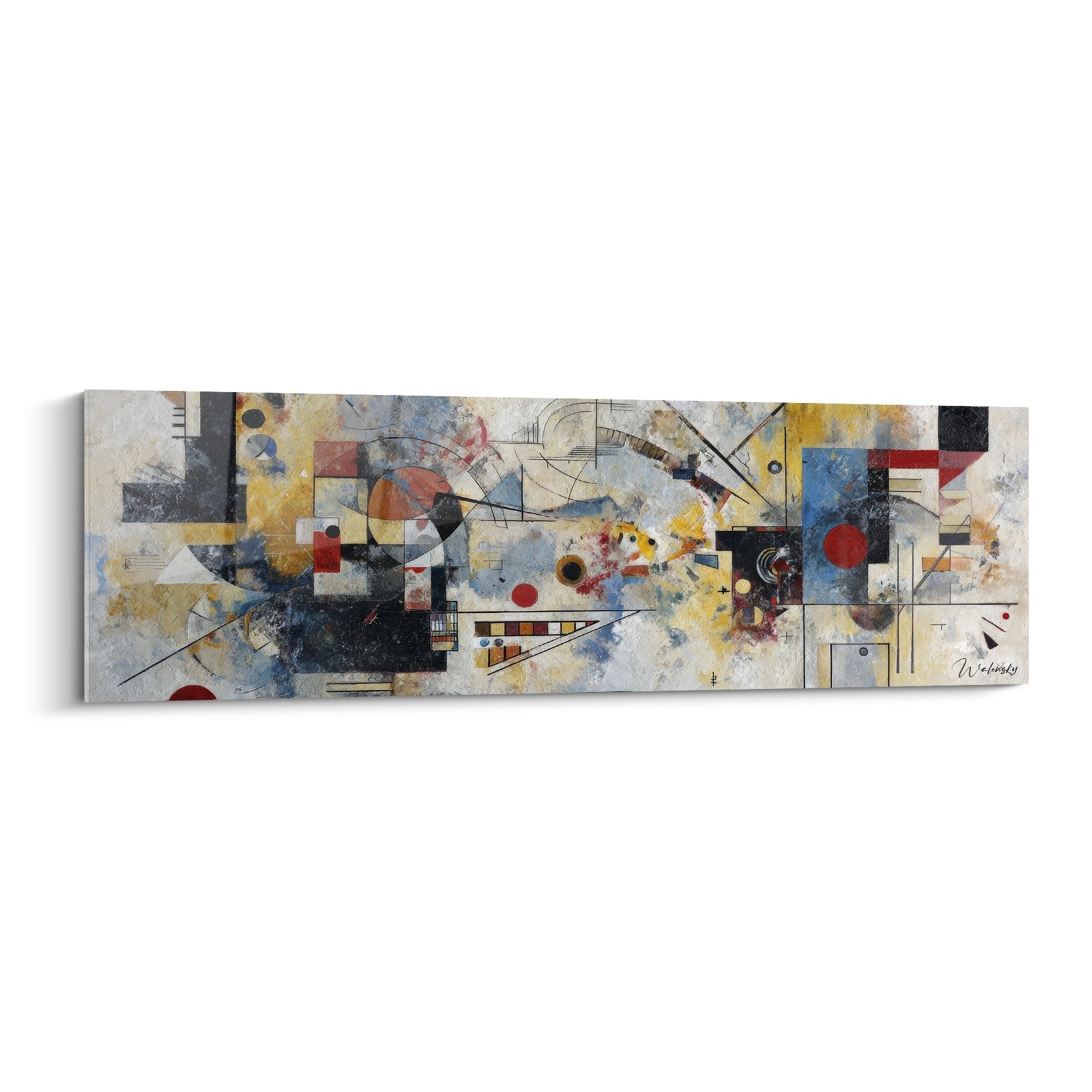 Tableau mural composition abstraite géométrique avec formes colorées et motifs constructivistes sur toile panoramique