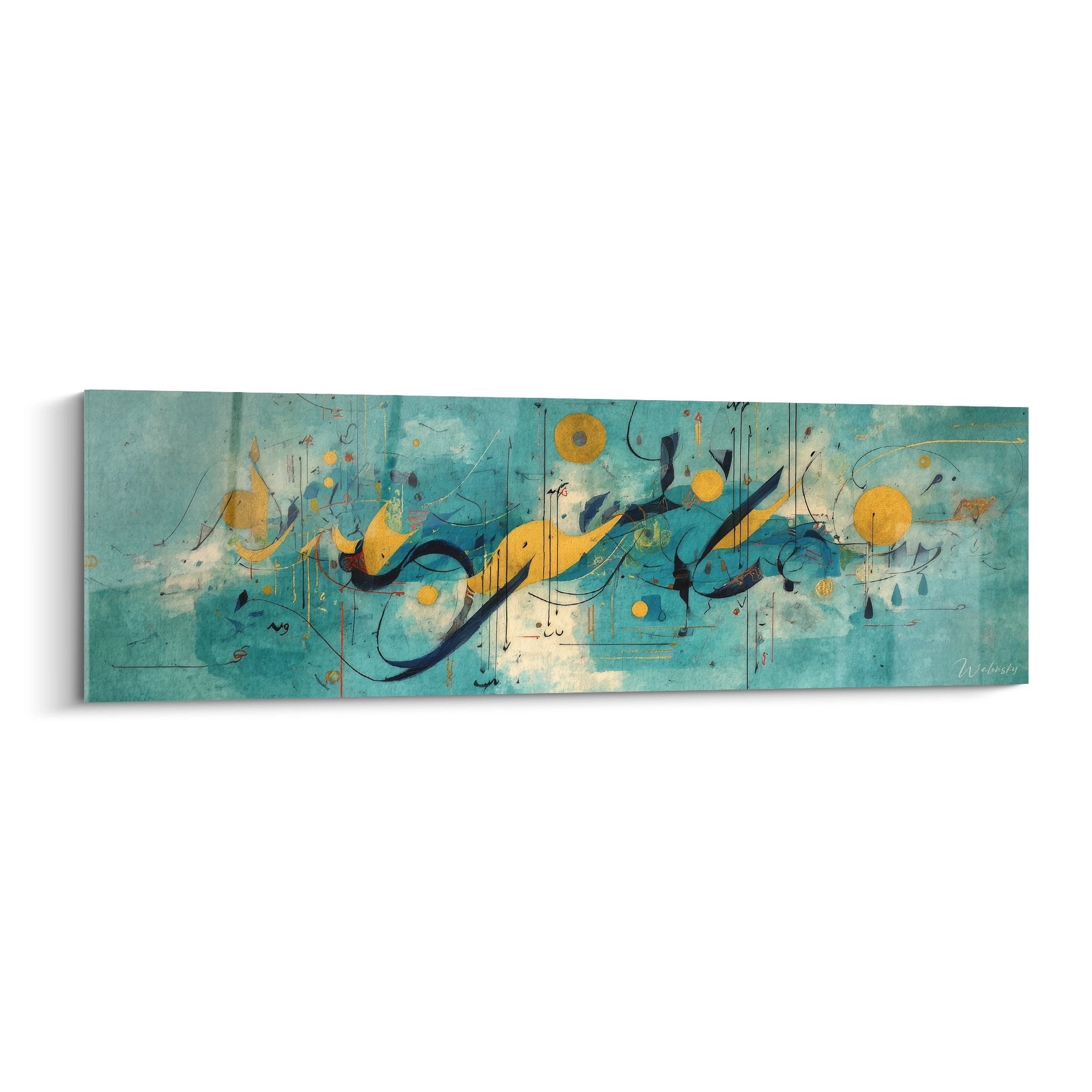 Tableau mural composition abstraite turquoise et doré, art moderne contemporain triptyque