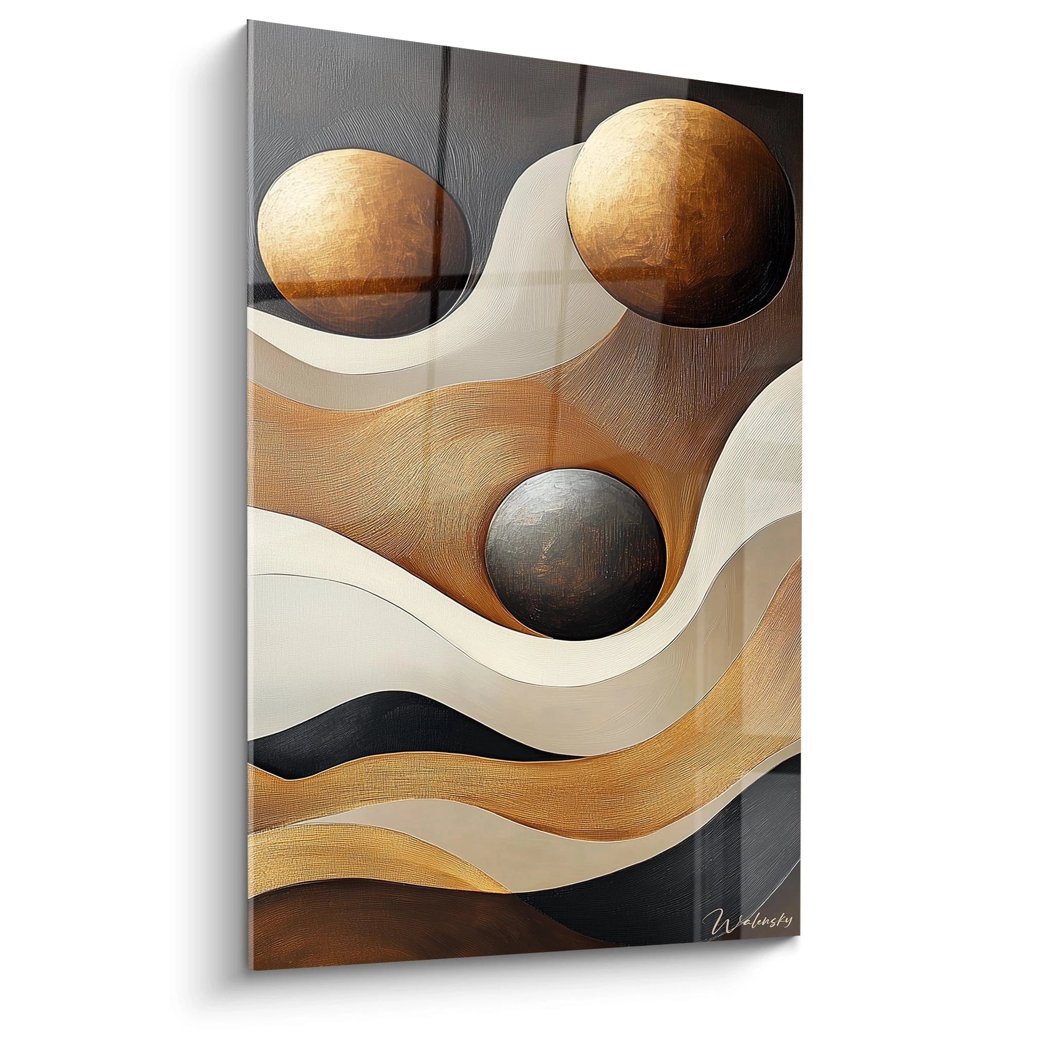 Tableau africain mural abstrait avec formes sphériques et vagues en tons marron et beige par Walensky