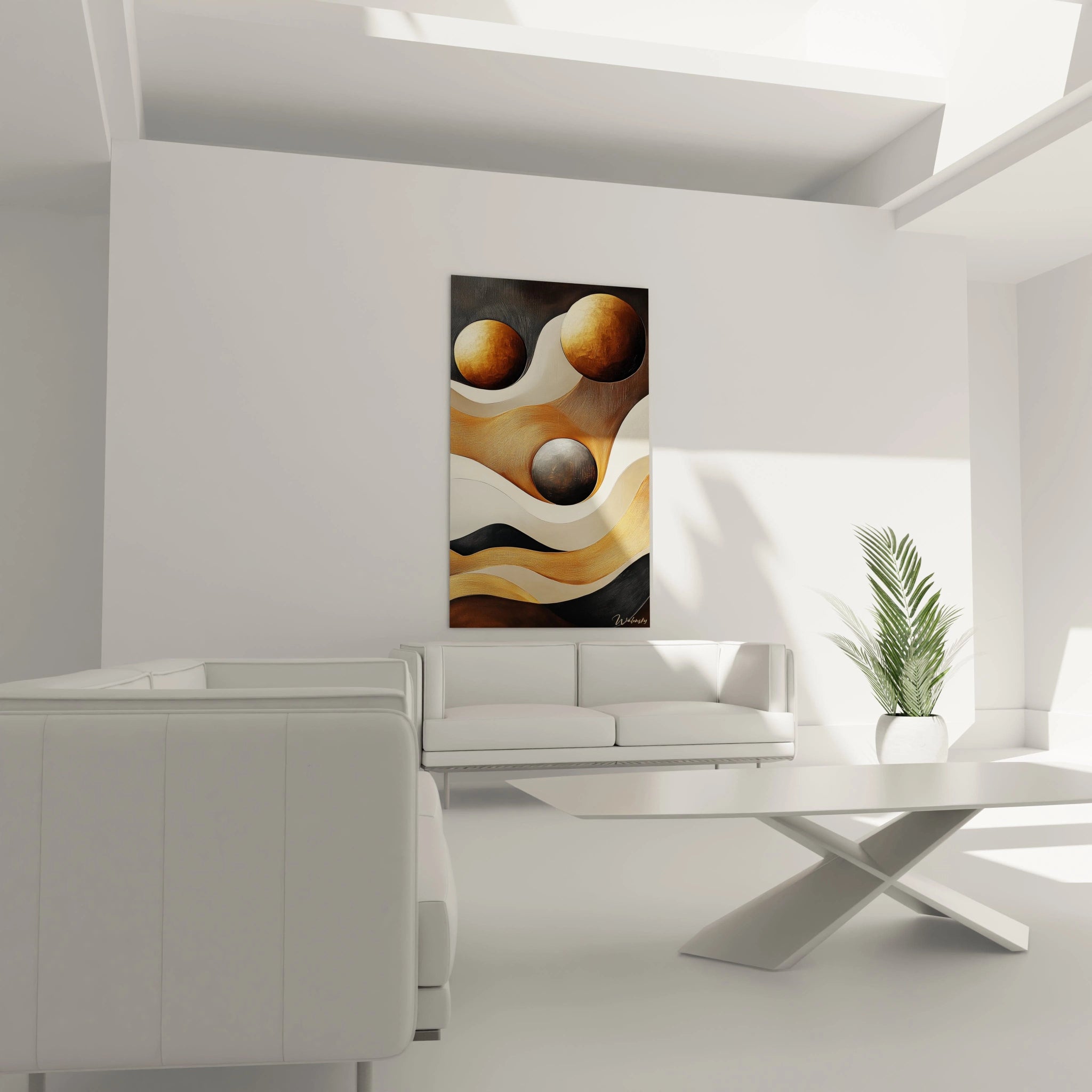 Tableau africain mural Walensky avec motifs abstraits en tons marron et beige dans un salon minimaliste