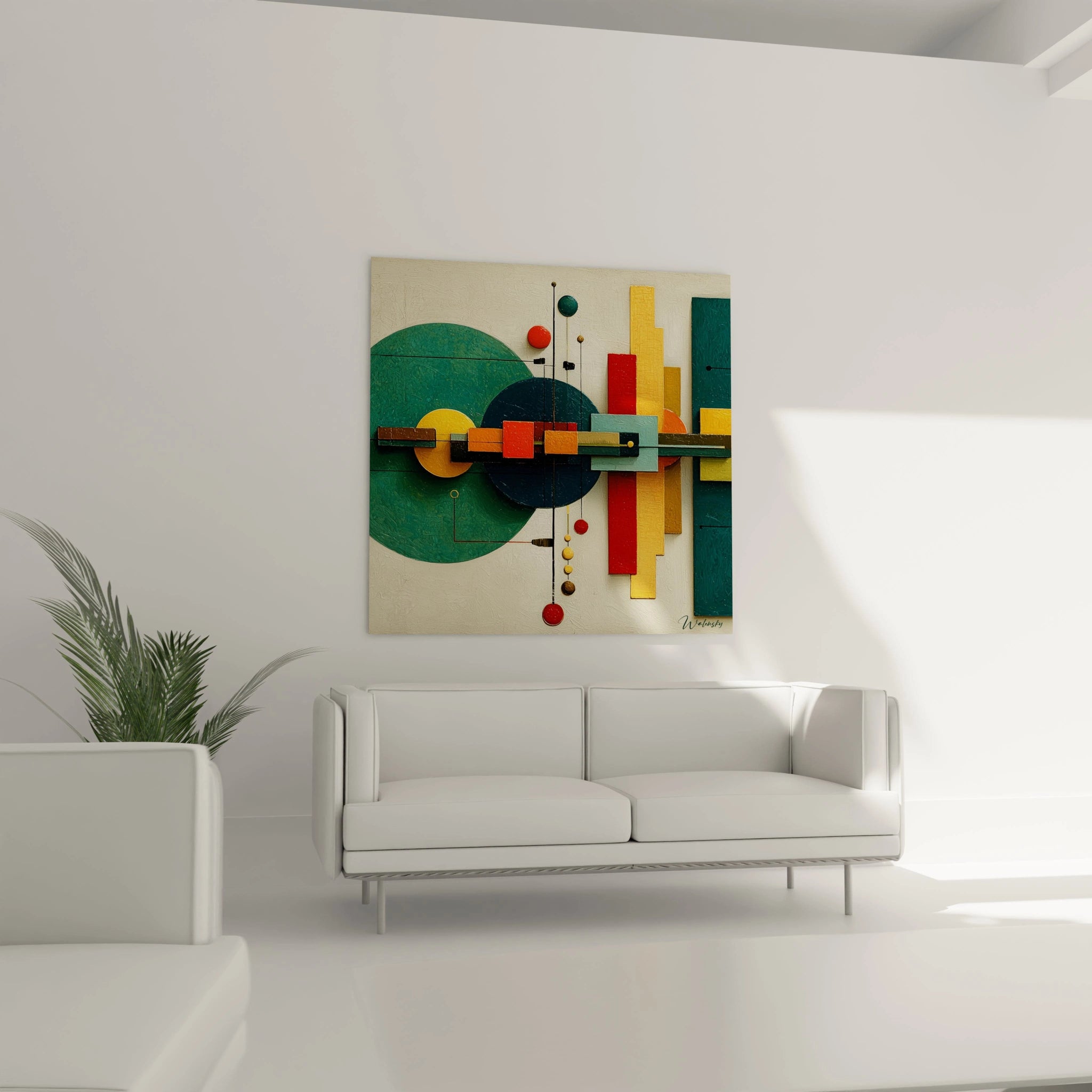 tableau géométrique Bauhaus mural Walensky avec formes circulaires et rectangles colorés