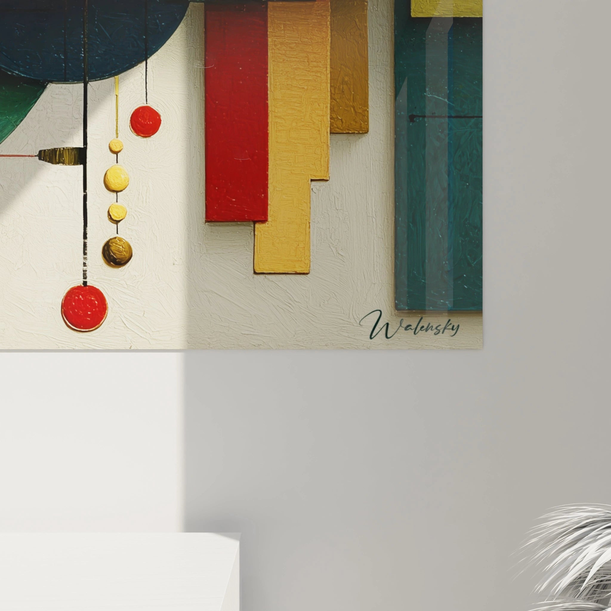 Tableau mural Walensky avec formes colorées et textures tableau géométrique Bauhaus en rouge jaune vert