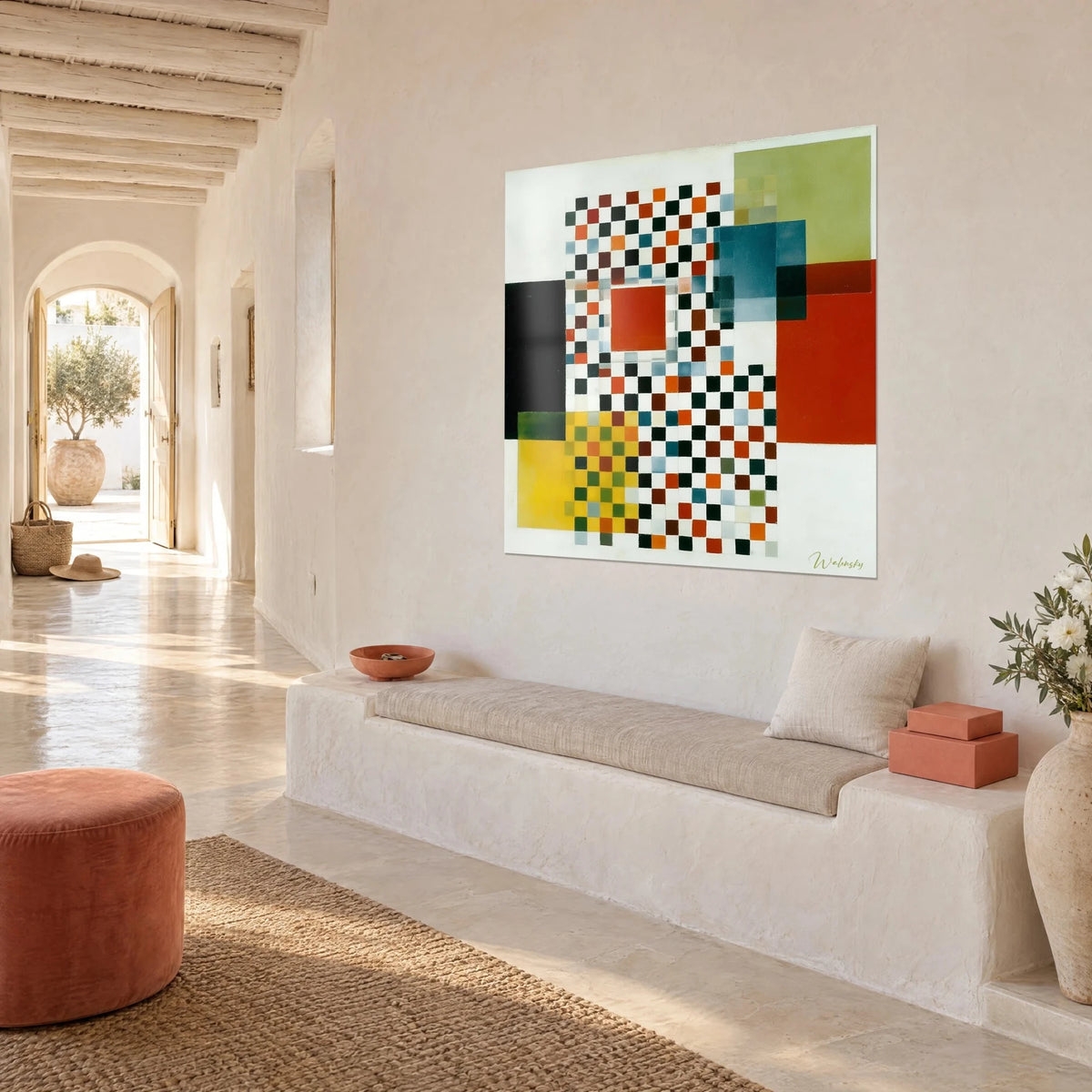Wall art with a chessboard grid of orange and black squares, olive green and petrol blue flat fields, on a white bench in a Mediterranean entrance