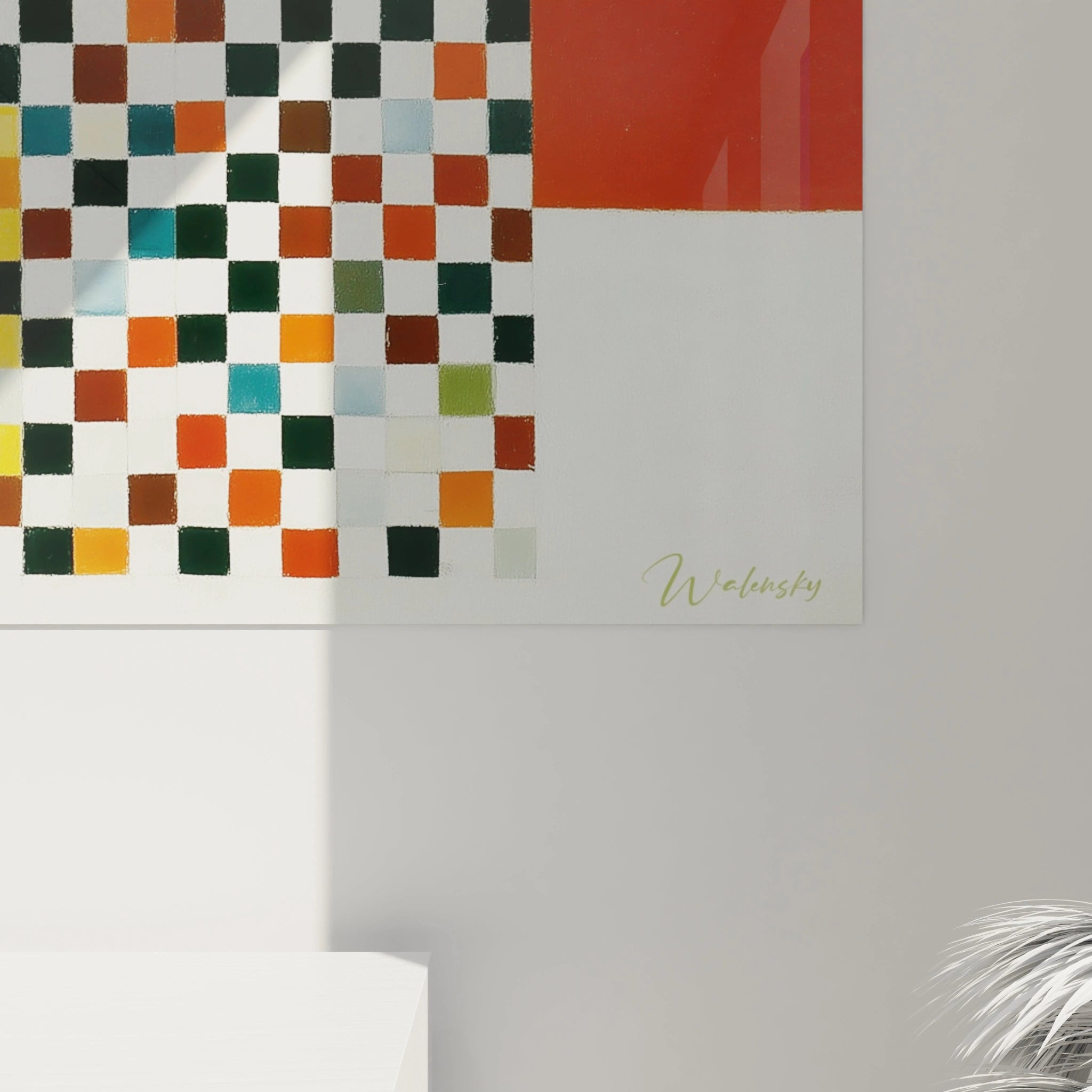 Walensky tableau géométrique constructivisme mural carré multicolore avec grand bloc rouge et signature