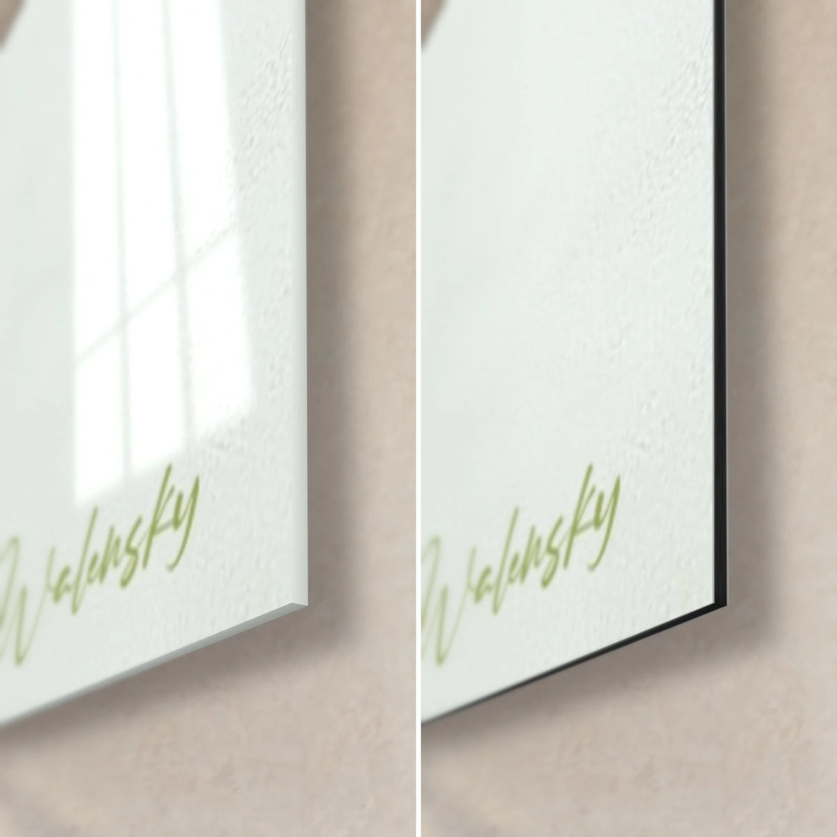 Cuadro con composición constructivista, esquina inferior derecha: firma verde Walensky, reflejos en el cristal acrílico brillante, aluminio Dibond negro mate