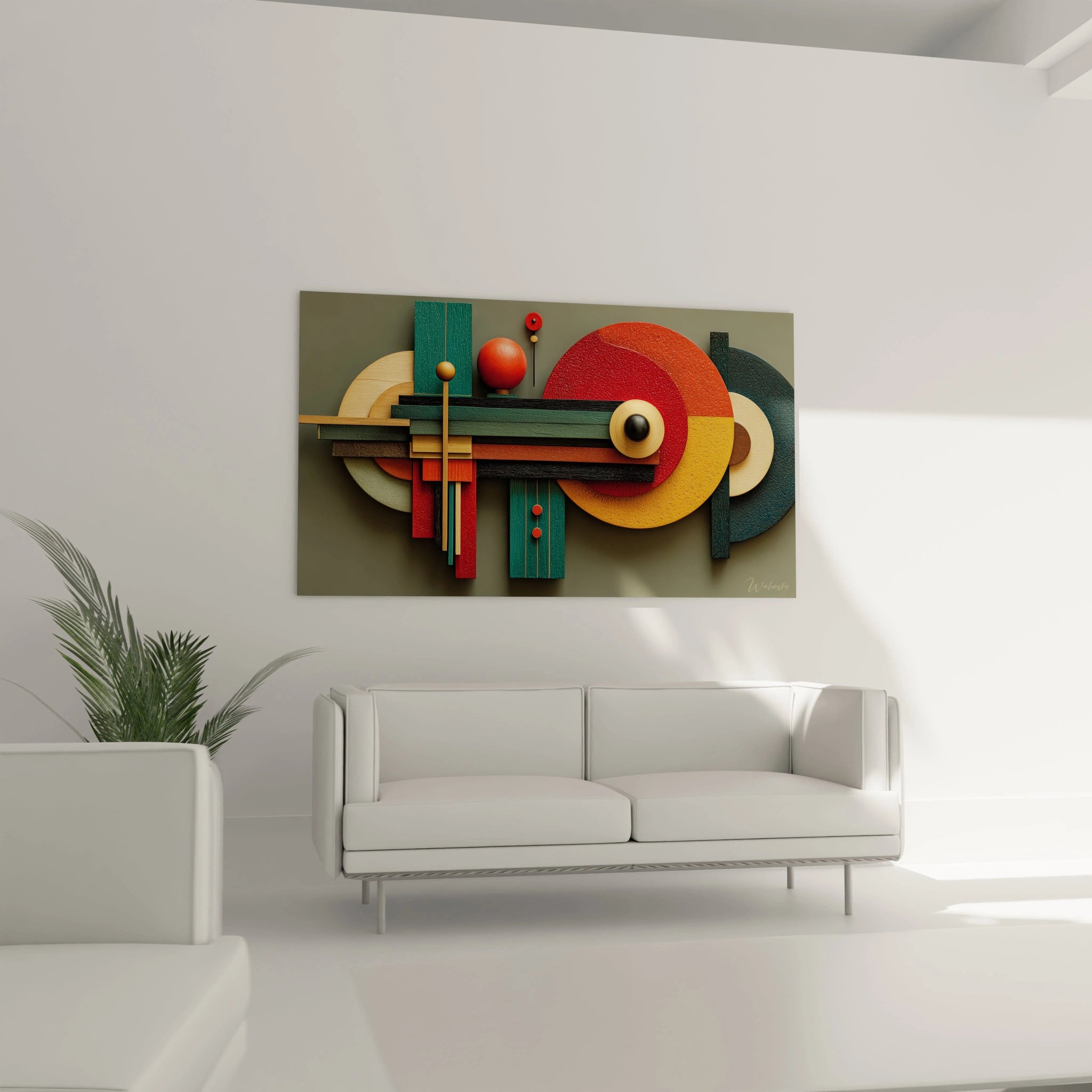 tableau géométrique Bauhaus Walensky en relief avec cercles rouges et éléments verts accroché au dessus du canapé blanc