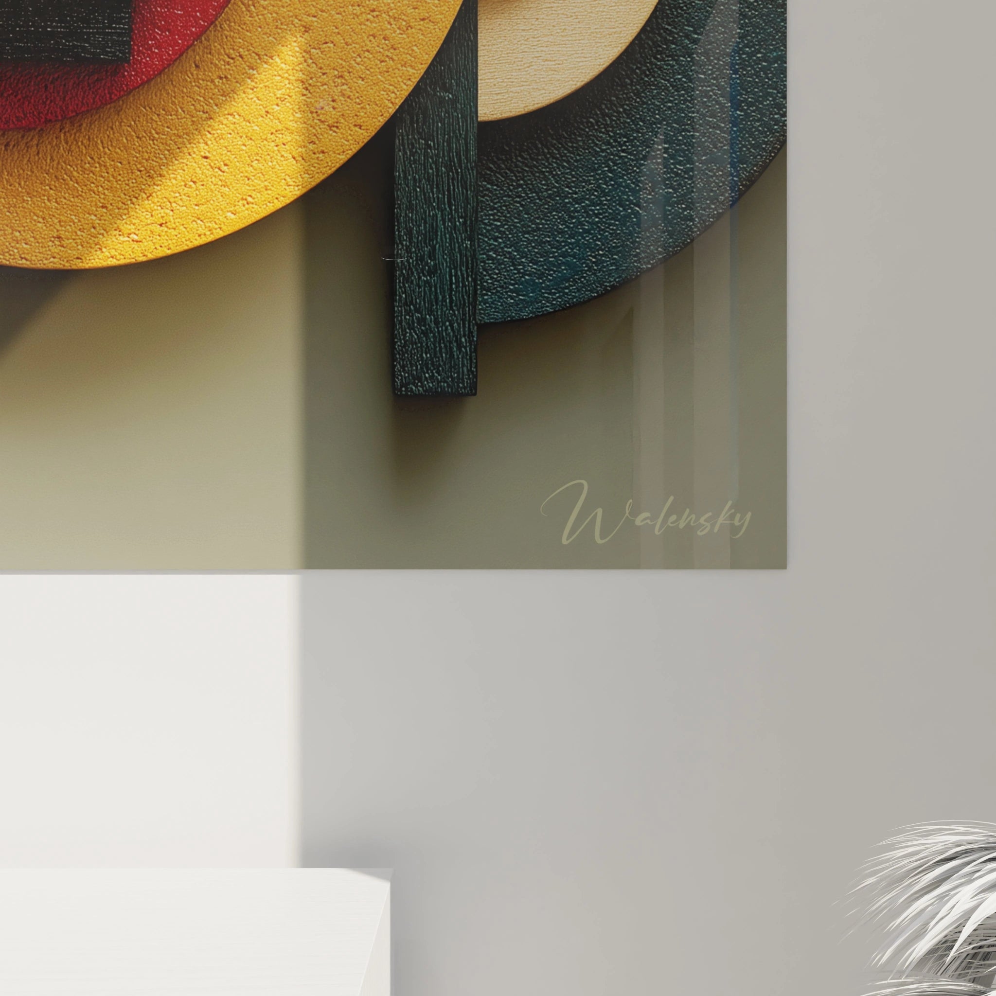 tableau géométrique Bauhaus mural Walensky en gros plan avec cercles texturés jaune rouge et rectangle vert