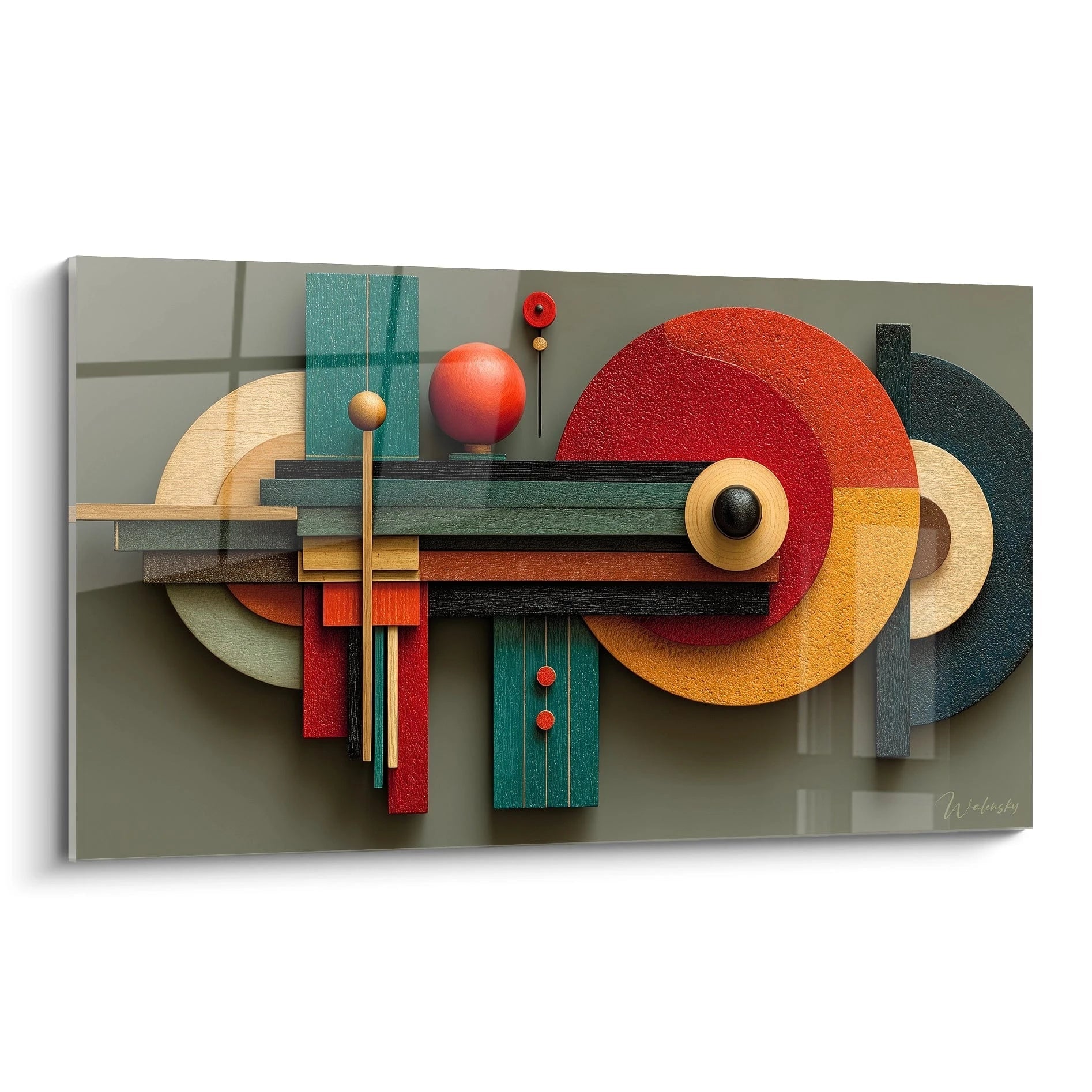 Walensky tableau géométrique Bauhaus mural en relief avec des formes circulaires et rectangulaires colorées rouge jaune turquoise