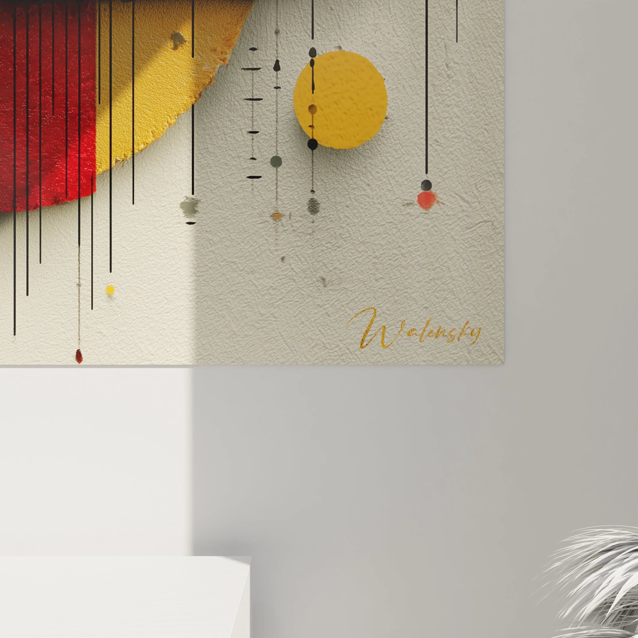 Tableau mural Walensky abstrait avec cercles rouges et jaunes et lignes verticales minimalistes tableau géométrique bauhaus