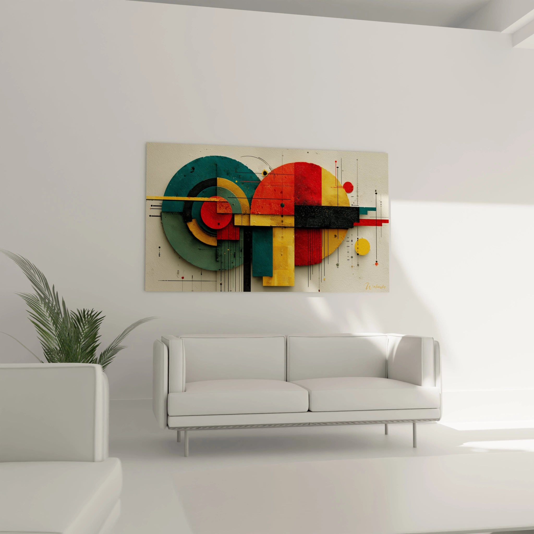 Walensky tableau géométrique bauhaus mural coloré rouge jaune vert et noir au dessus d un canapé blanc