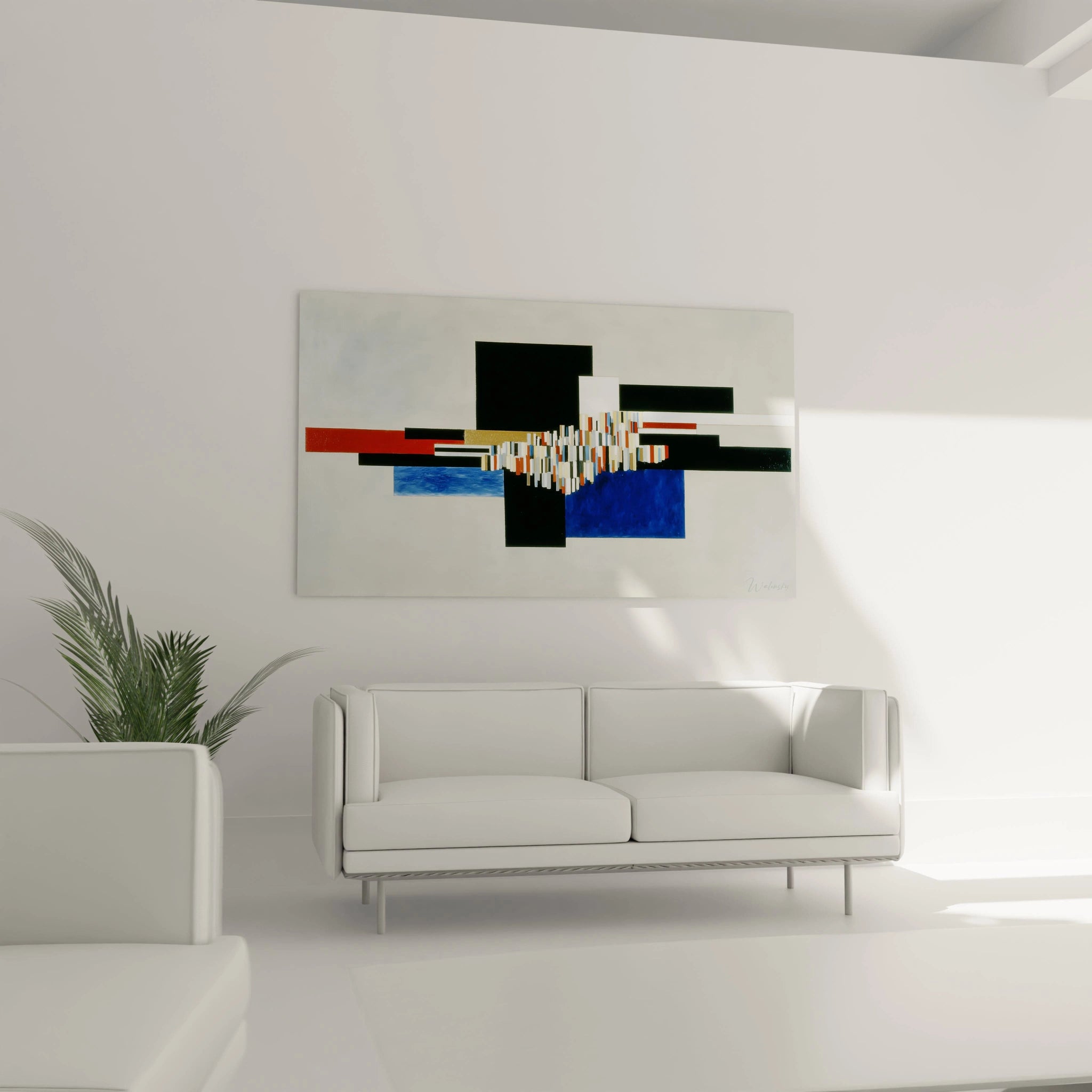 Walensky tableau mural au dessus du canapé blanc avec tableau géométrique constructivisme noir rouge et bleu