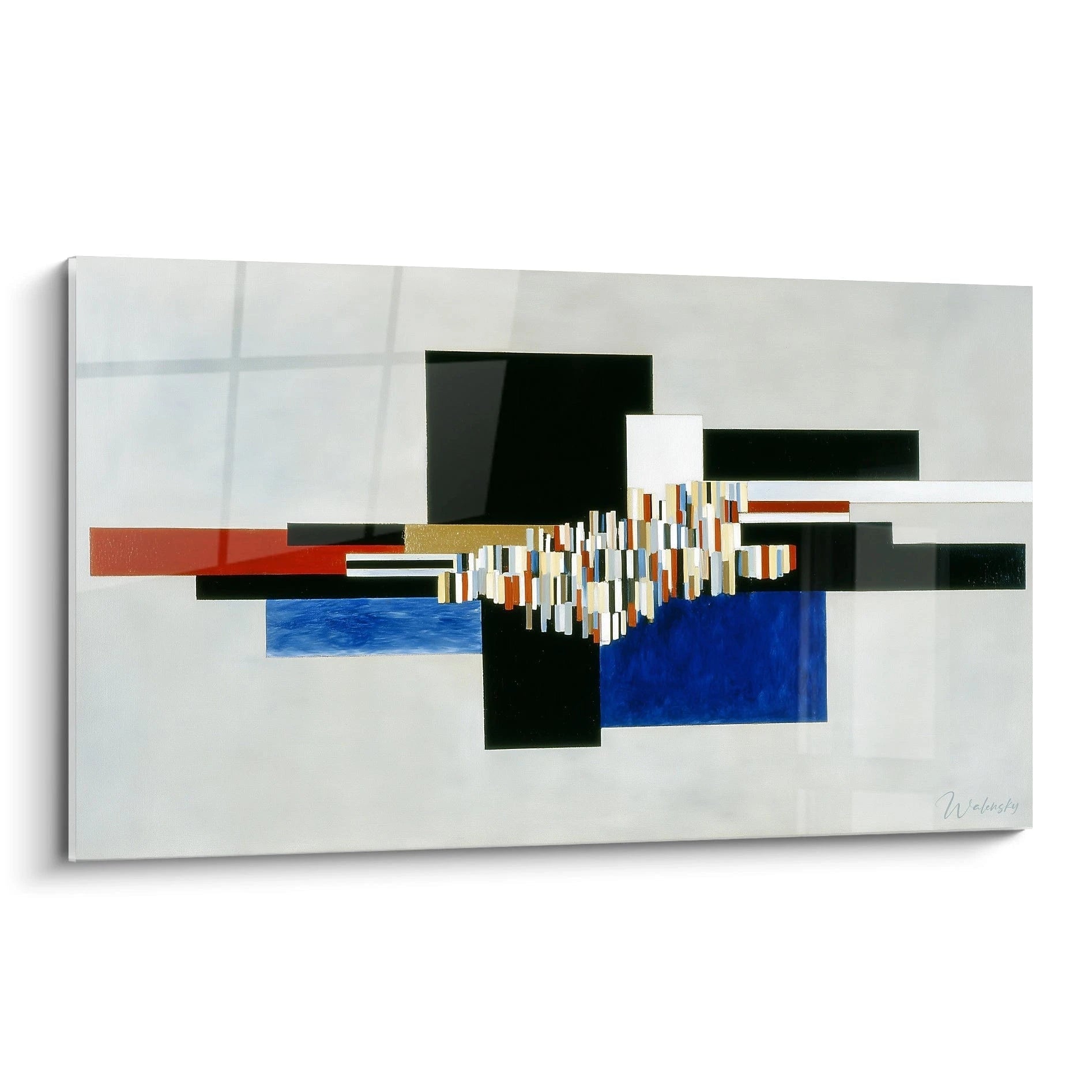 Tableau mural Walensky tableau géométrique constructivisme avec rectangles noirs bleus bande rouge et motif central coloré