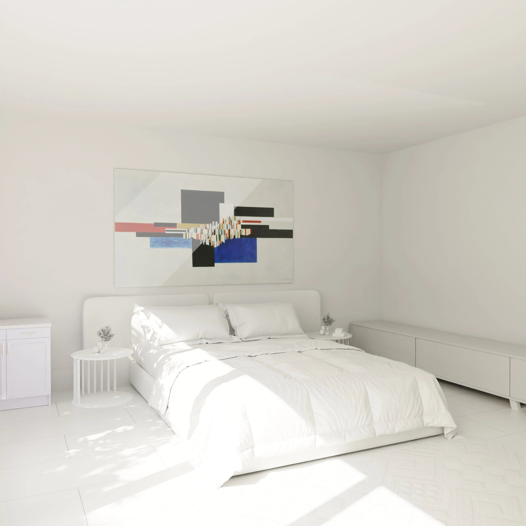 tableau géométrique constructivisme Walensky au dessus d un lit blanc minimaliste dans une chambre lumineuse