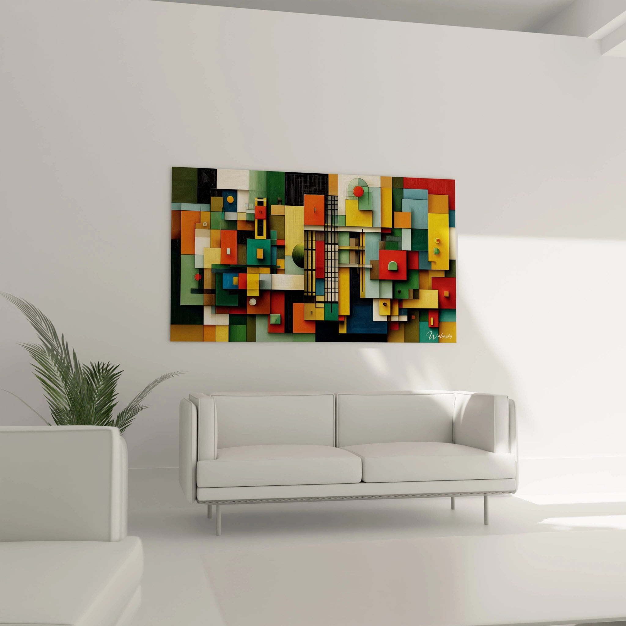 tableau géométrique Bauhaus Walensky peinture murale colorée abstraite rectangulaire moderne au dessus d un canapé blanc