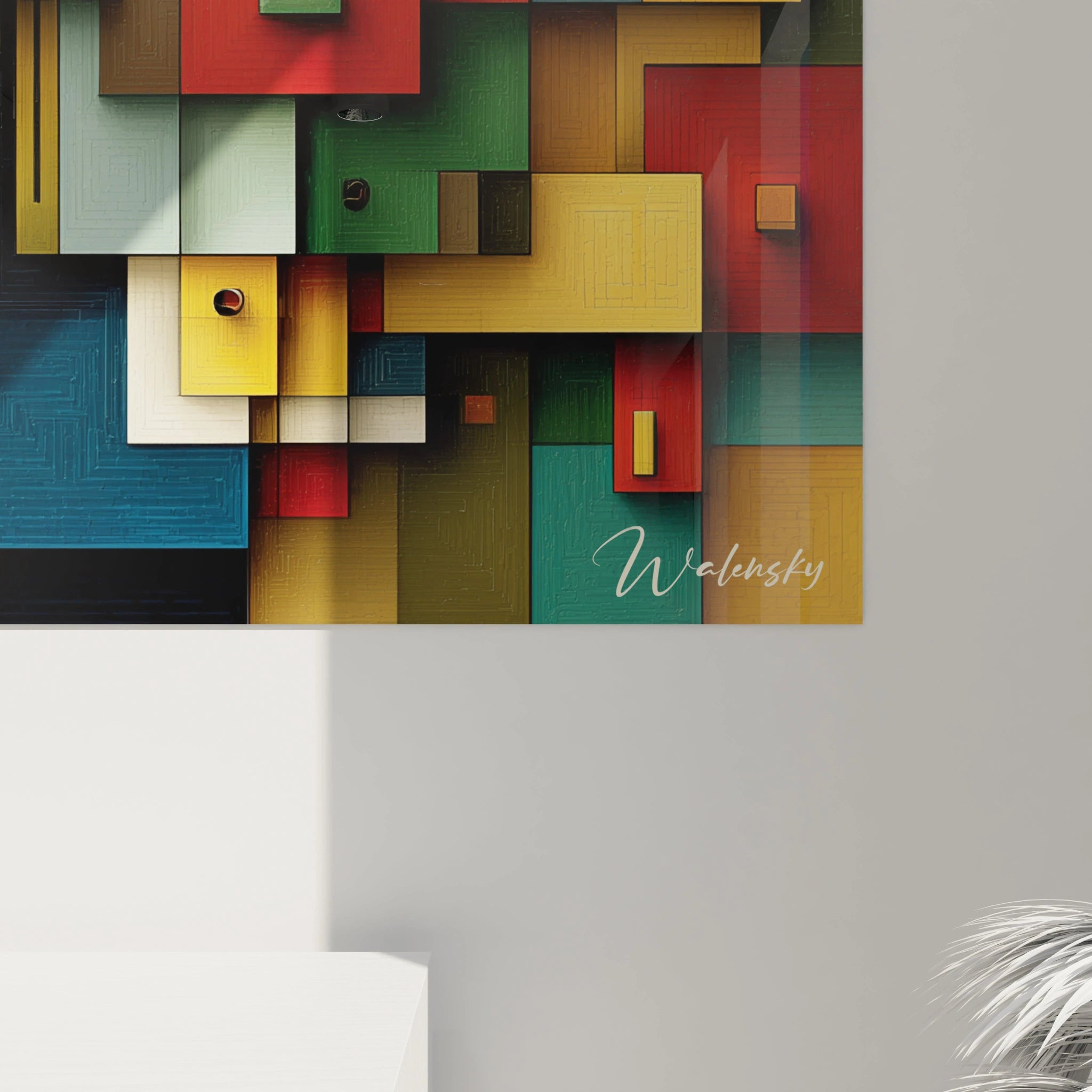 Tableau mural Walensky coloré en blocs géométriques abstraits signé tableau géométrique Bauhaus pour salon moderne