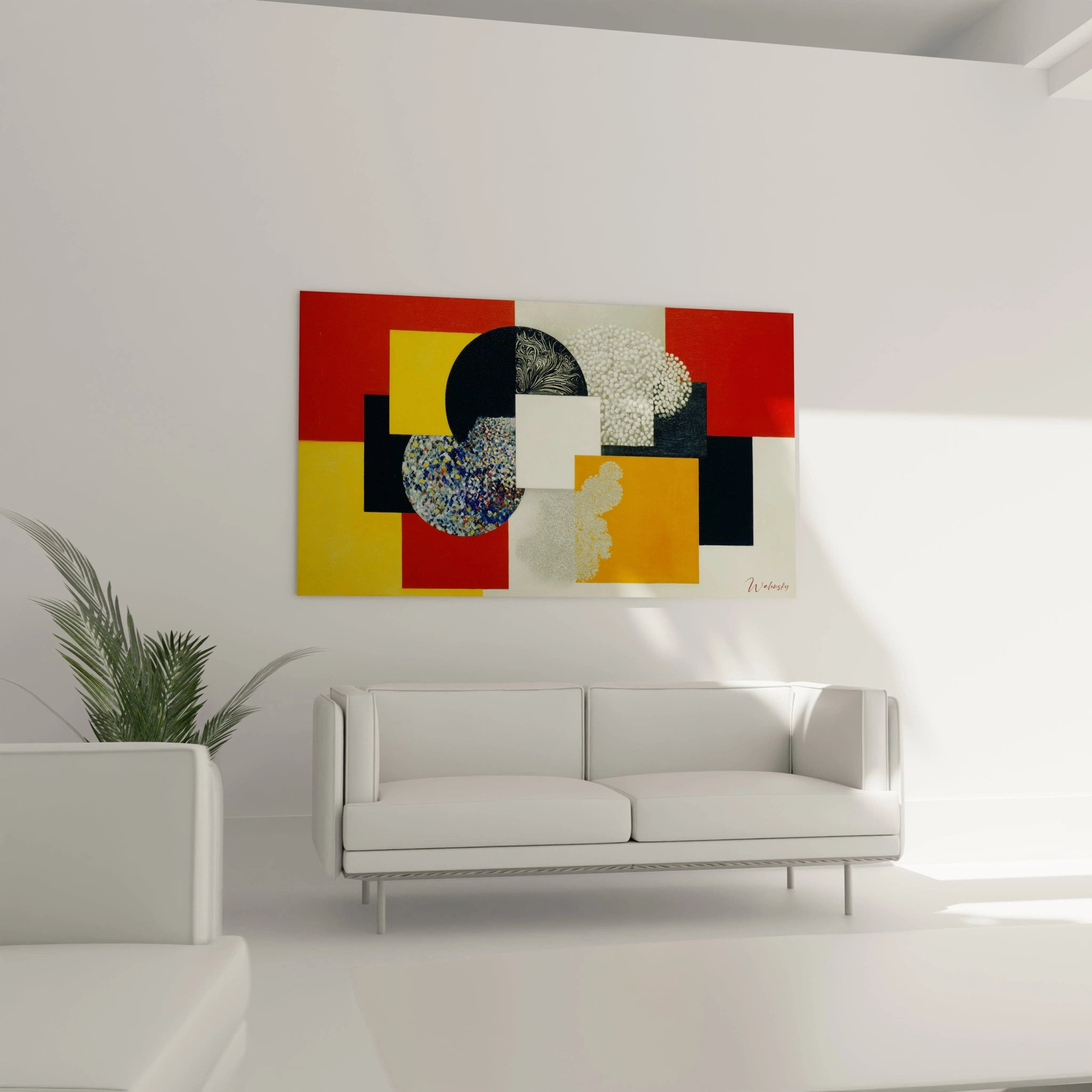 tableau mural géométrique constructivisme Walensky rouge jaune noir blanc abstrait avec cercles et rectangles décor salon moderne