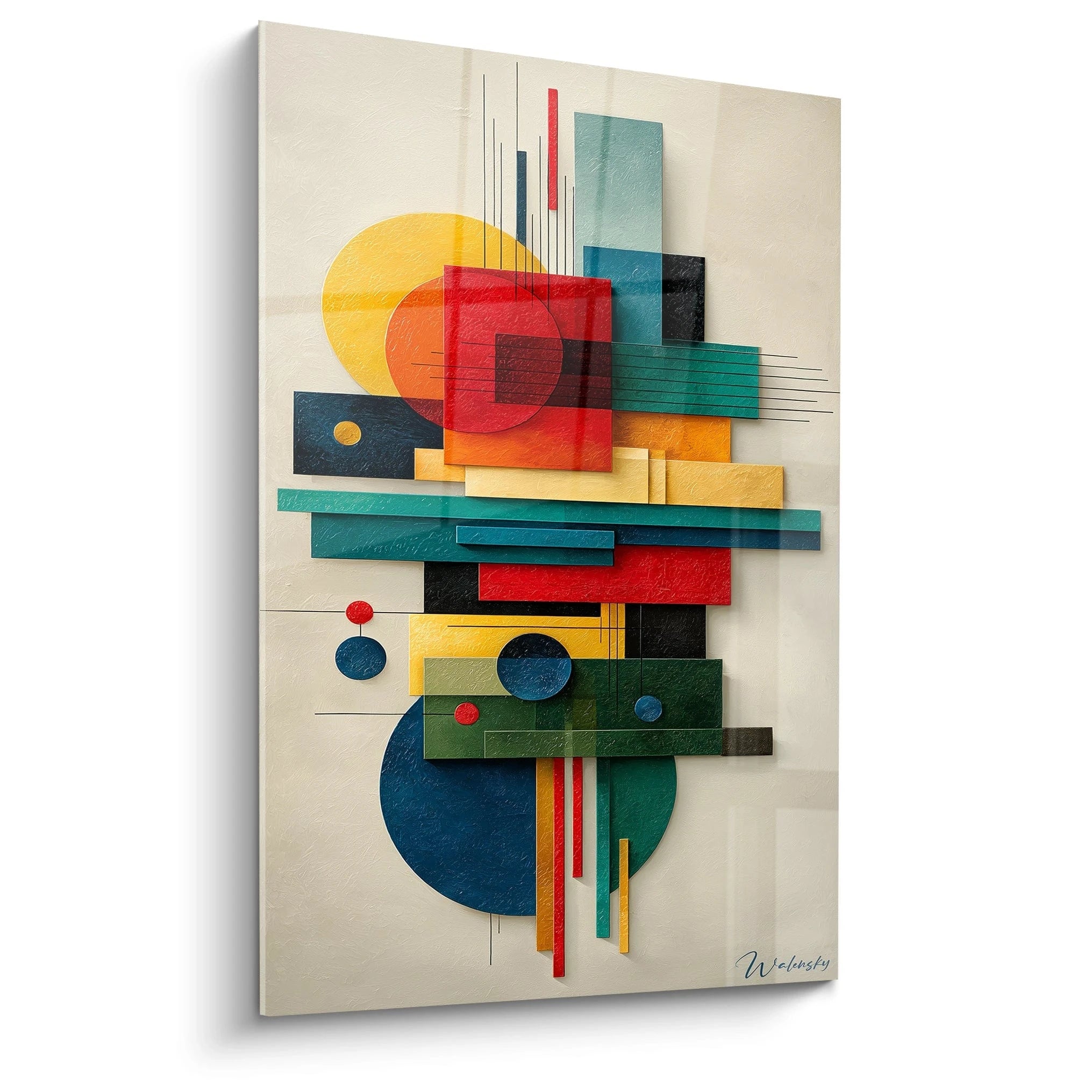 Walensky tableau géométrique moderne coloré en toile verticale avec formes superposées 3D pour déco murale
