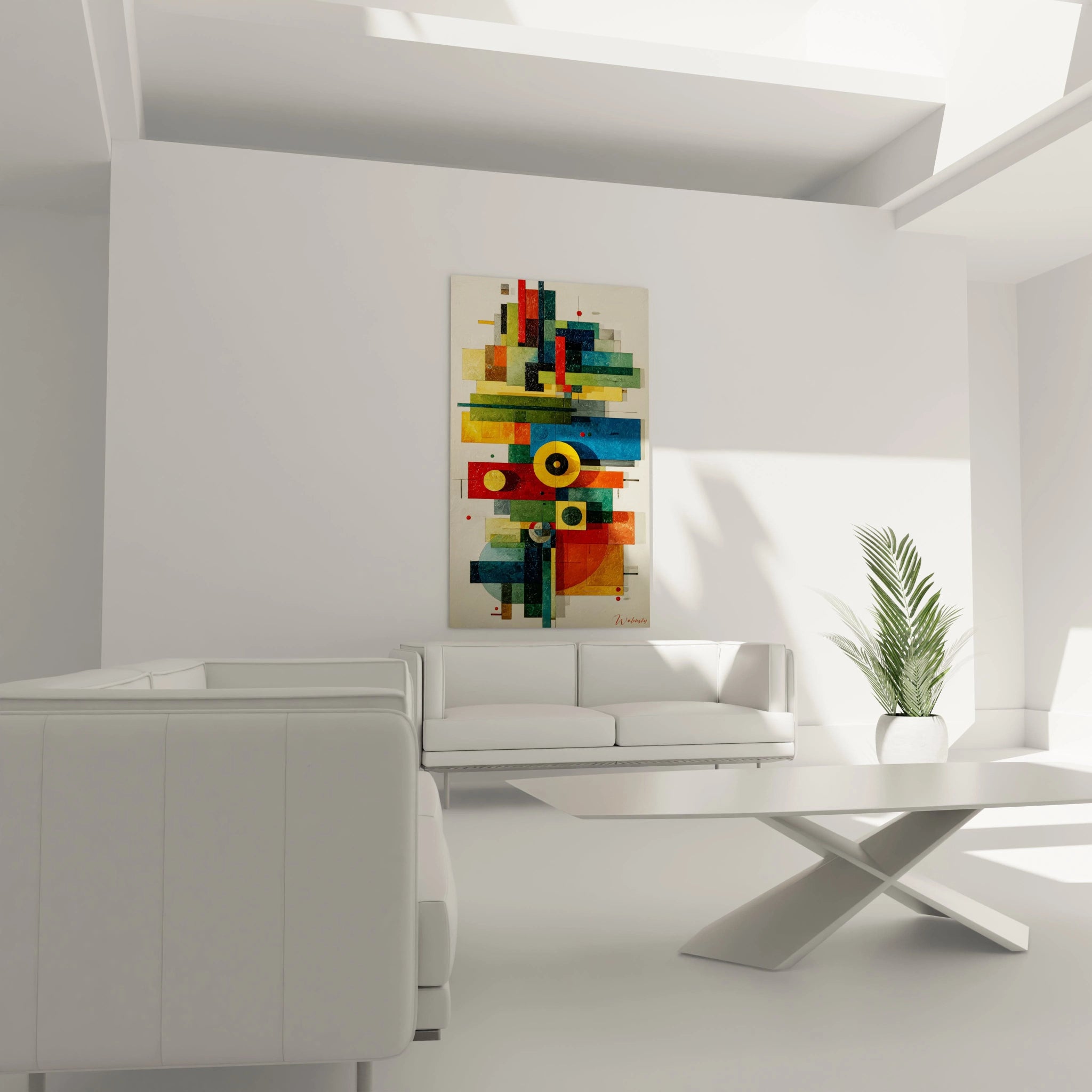 tableau mosaïque géométrique moderne Walensky coloré accroché au dessus d un canapé blanc dans un salon minimaliste