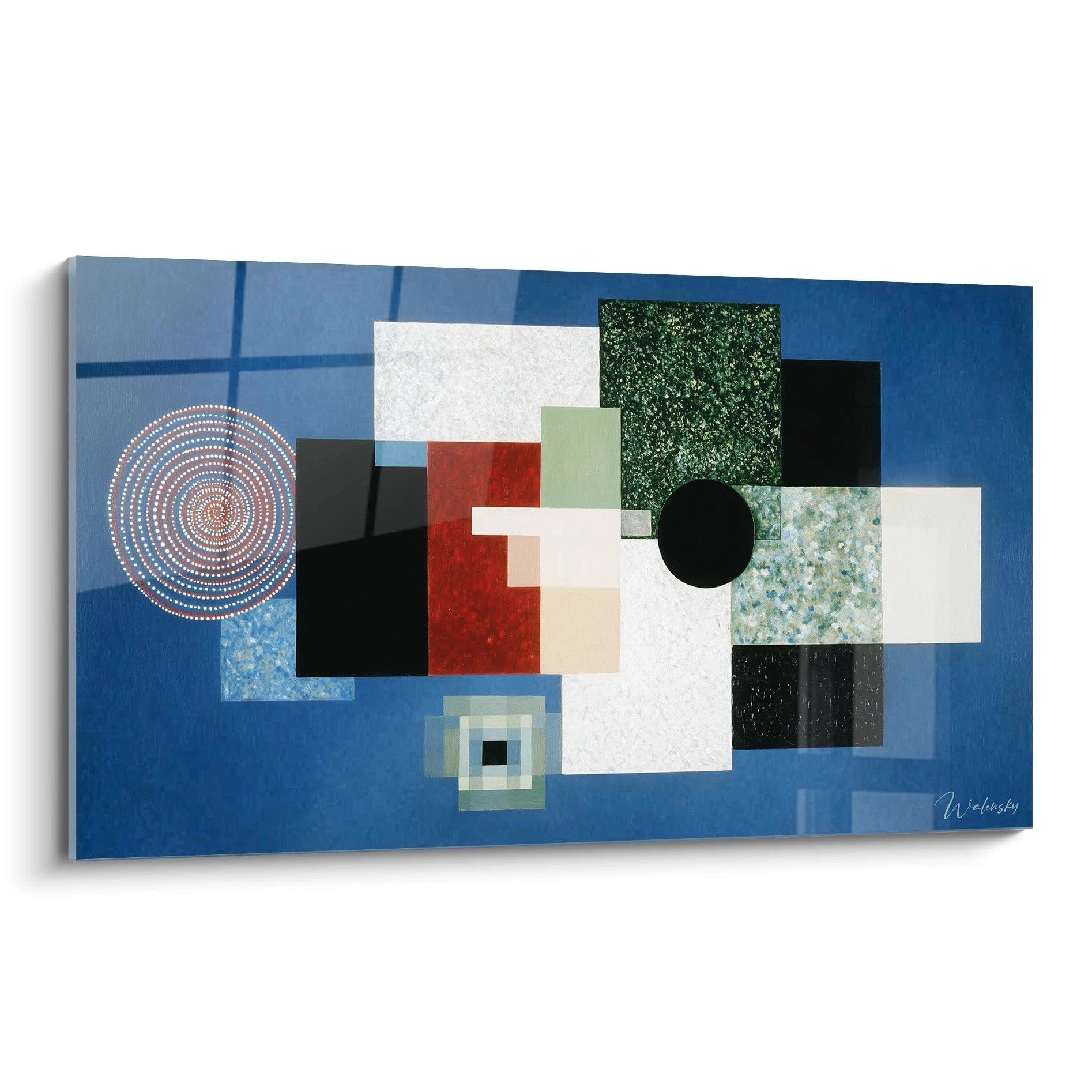 Walensky tableau géométrique constructivisme mural bleu avec formes rectangulaires superposées et cercle noir