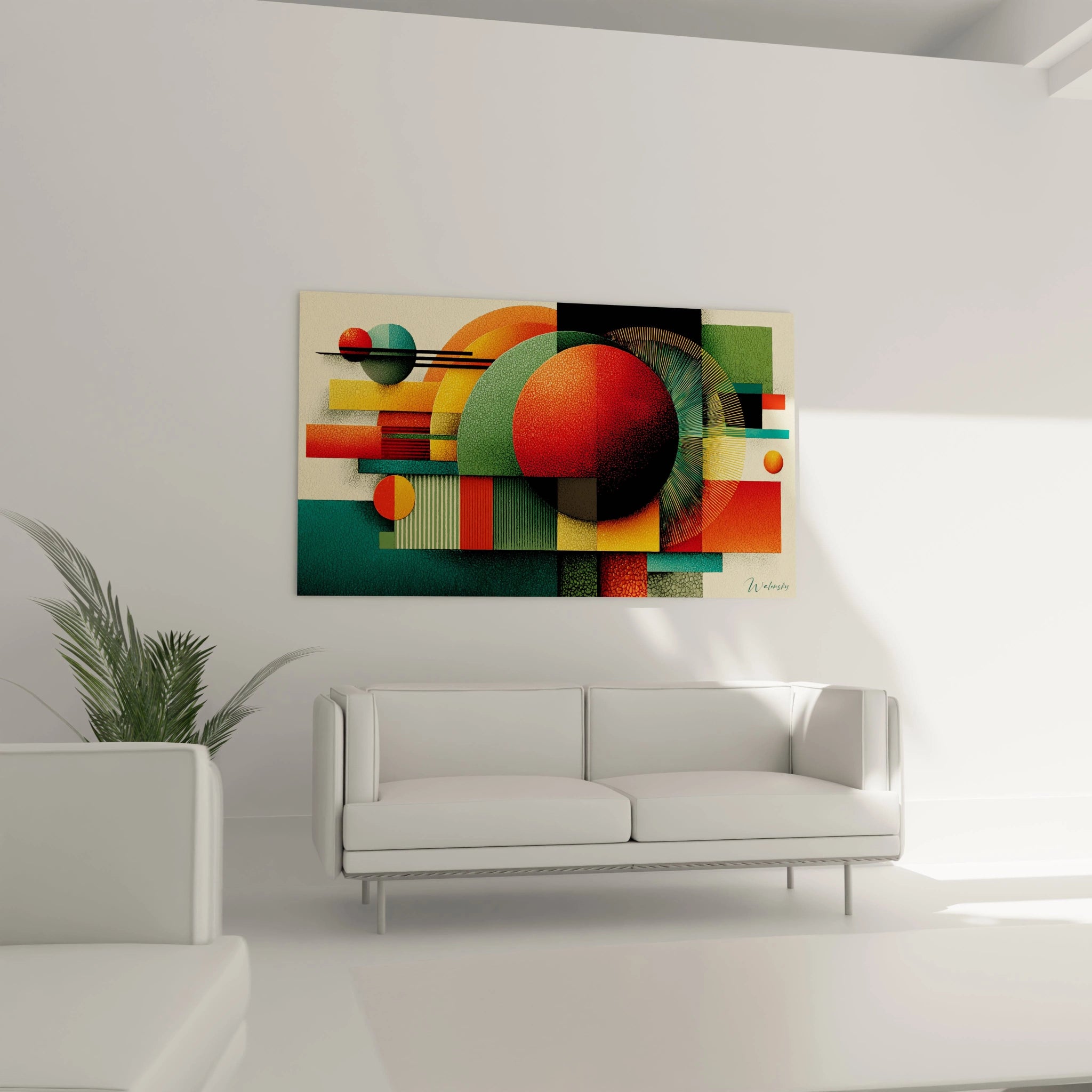 Walensky tableau géométrique Bauhaus mural coloré avec cercles et rectangles superposés, décor moderne pour salon minimaliste