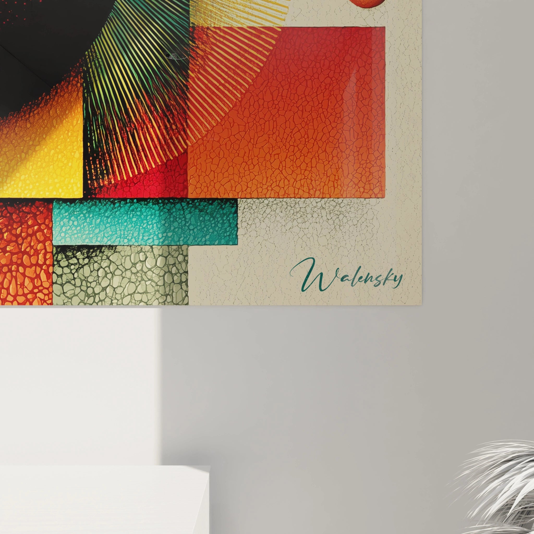 Tableau mural Walensky style abstrait coloré avec formes en carrés et cercles, tableau géométrique Bauhaus pour salon