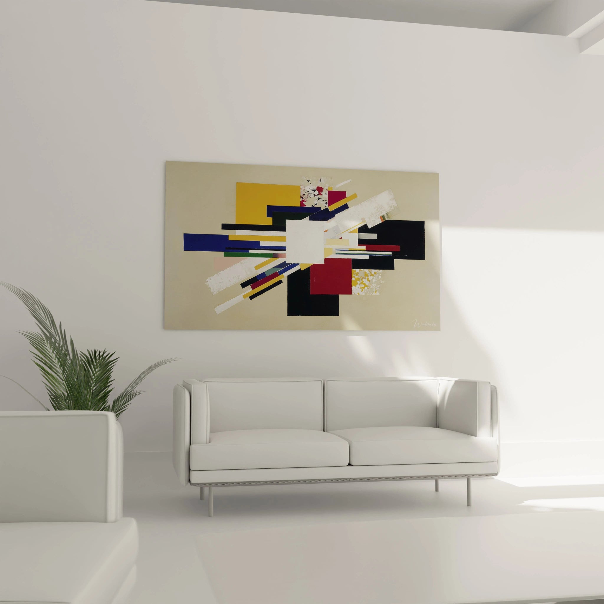 Tableau mural Walensky tableau géométrique constructivisme aux formes abstraites jaunes rouges noires au dessus d un canapé blanc