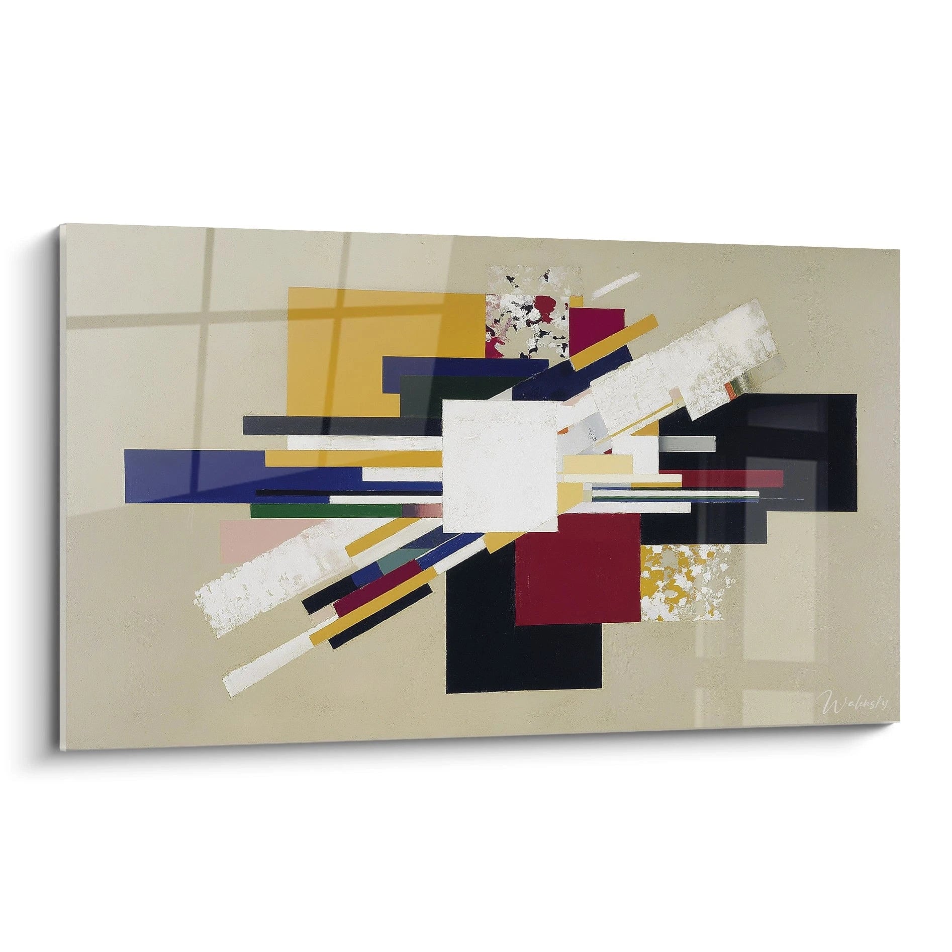 Tableau mural Walensky tableau géométrique constructivisme avec carré central blanc et rectangles noirs, bordeaux, ocres et bleus