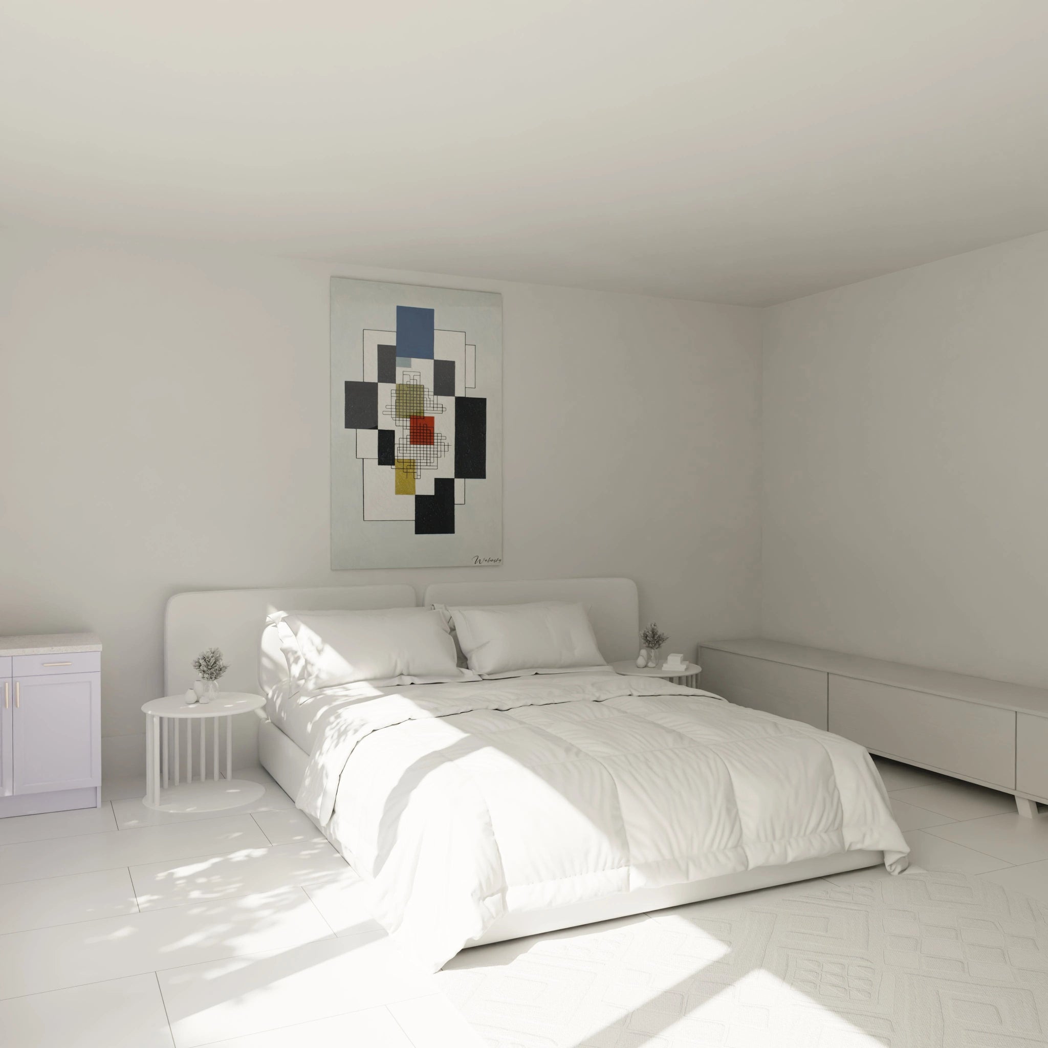 tableau géométrique moderne Walensky accroché au dessus du lit blanc dans une chambre minimaliste et lumineuse