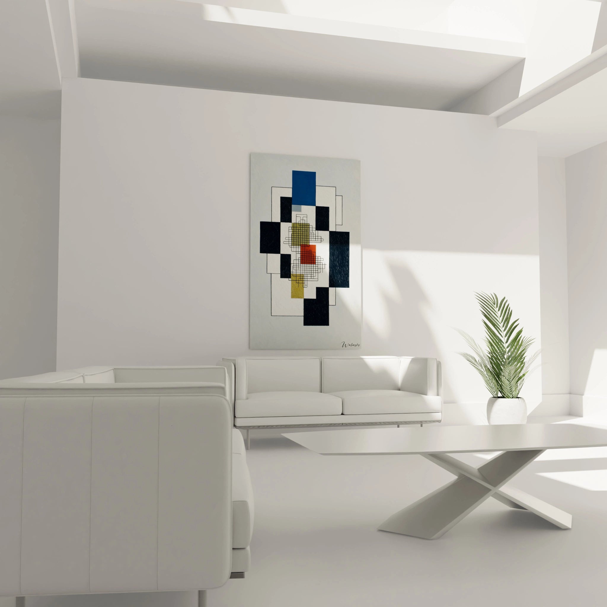 Tableau mural Walensky suspendu au dessus d un canapé blanc tableau géométrique moderne aux formes rectangulaires bleu noir jaune et rouge