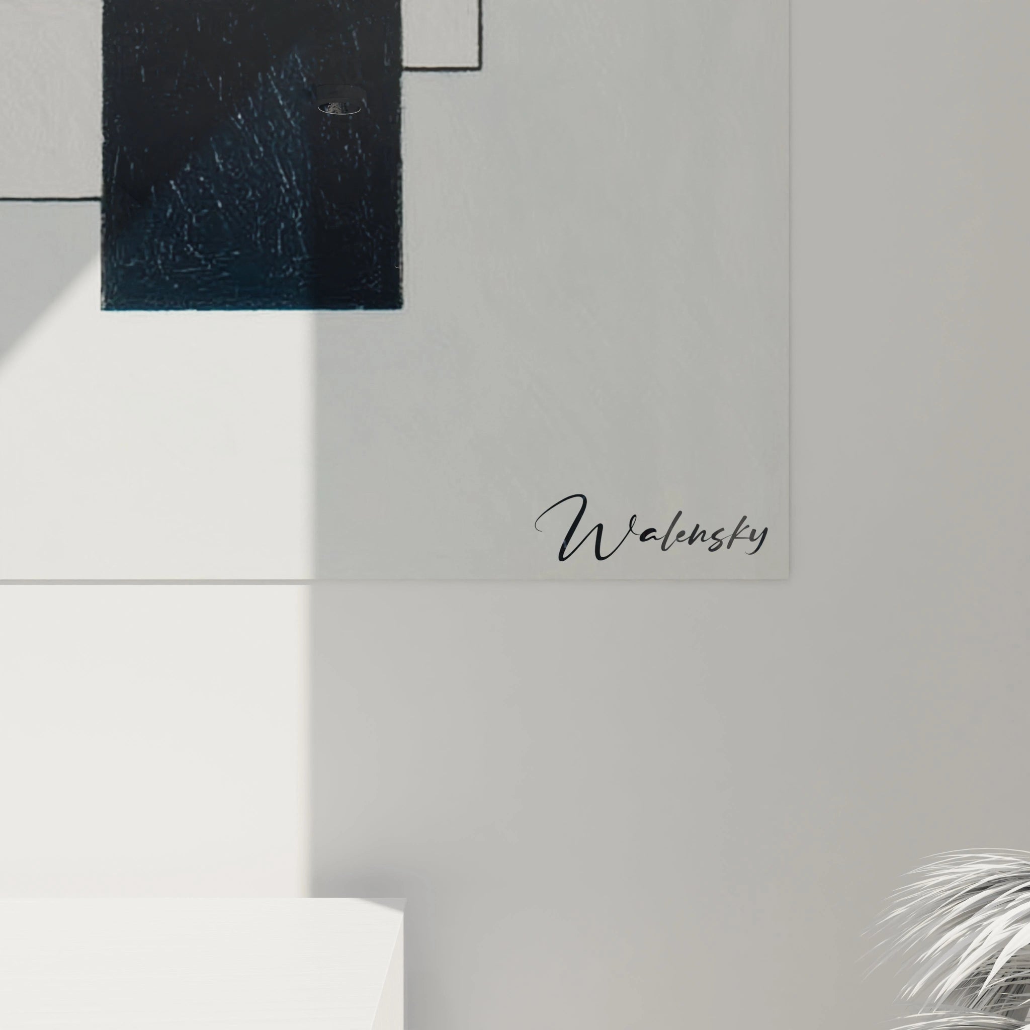 tableau géométrique moderne Walensky montrant formes géométriques carrées texturées sur fond clair avec signature