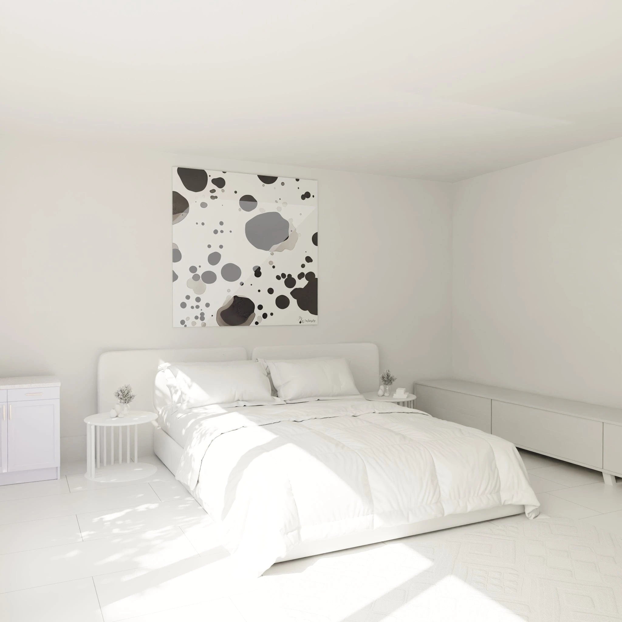 Tableau tacheté noir et blanc Dalmat accroché au-dessus d'un lit moderne dans une chambre lumineuse