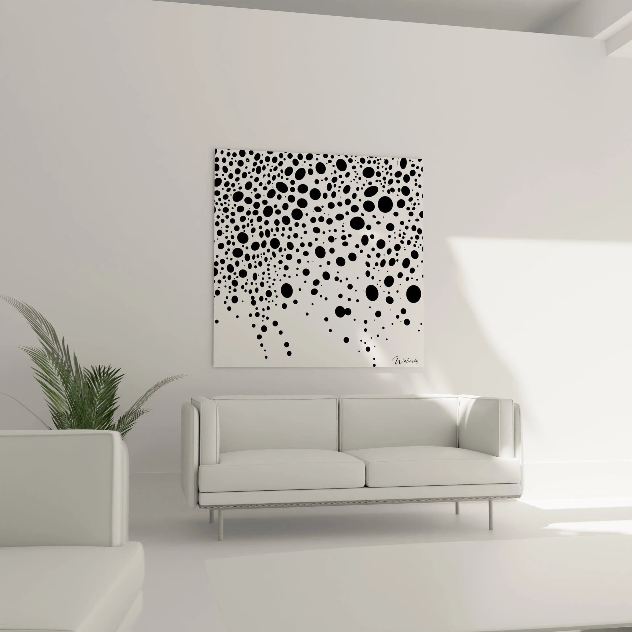 Tableau tacheté noir et blanc de Walensky avec des motifs uniques sur un mur moderne