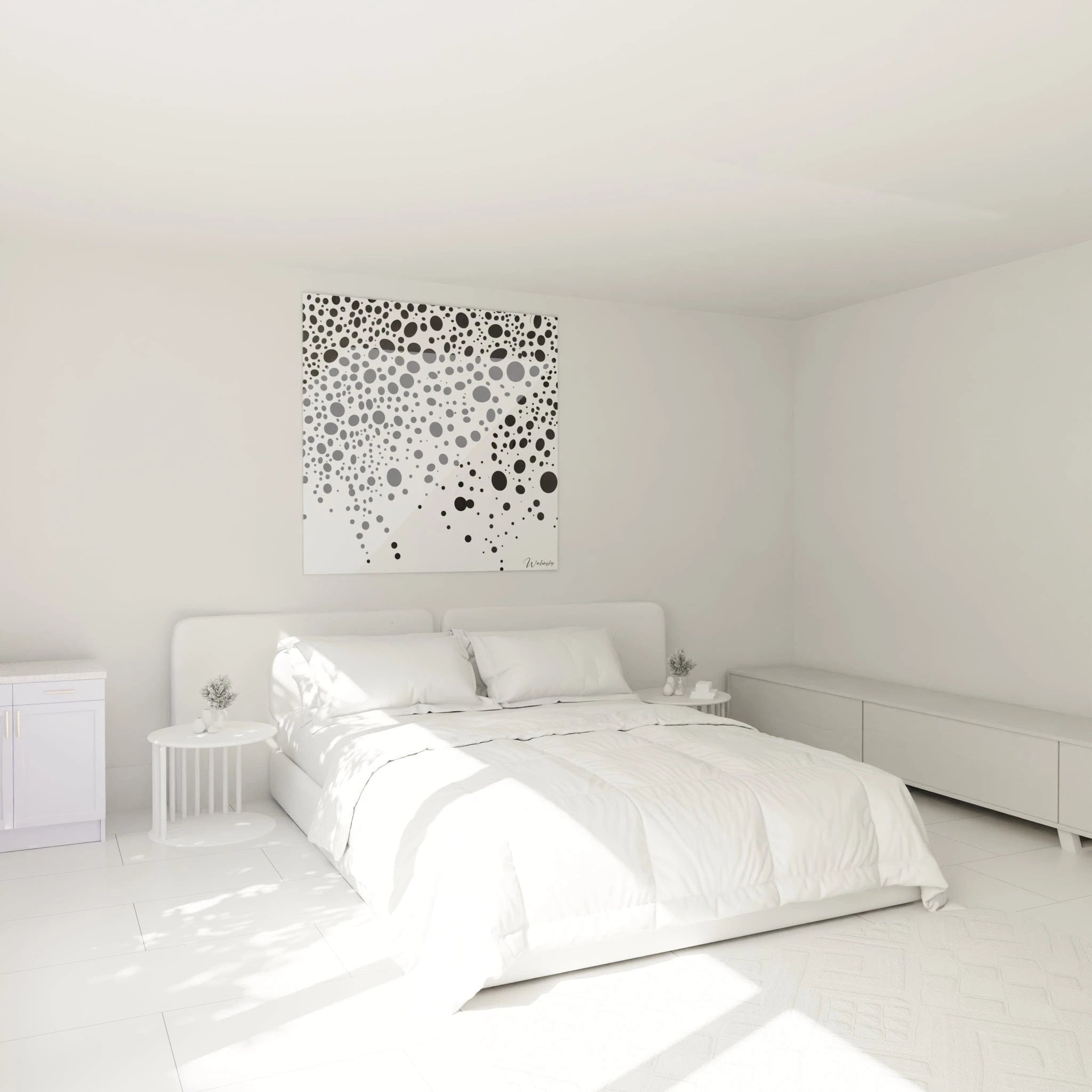 Tableau tacheté noir et blanc de Walensky sur mur d'une chambre épurée et lumineuse