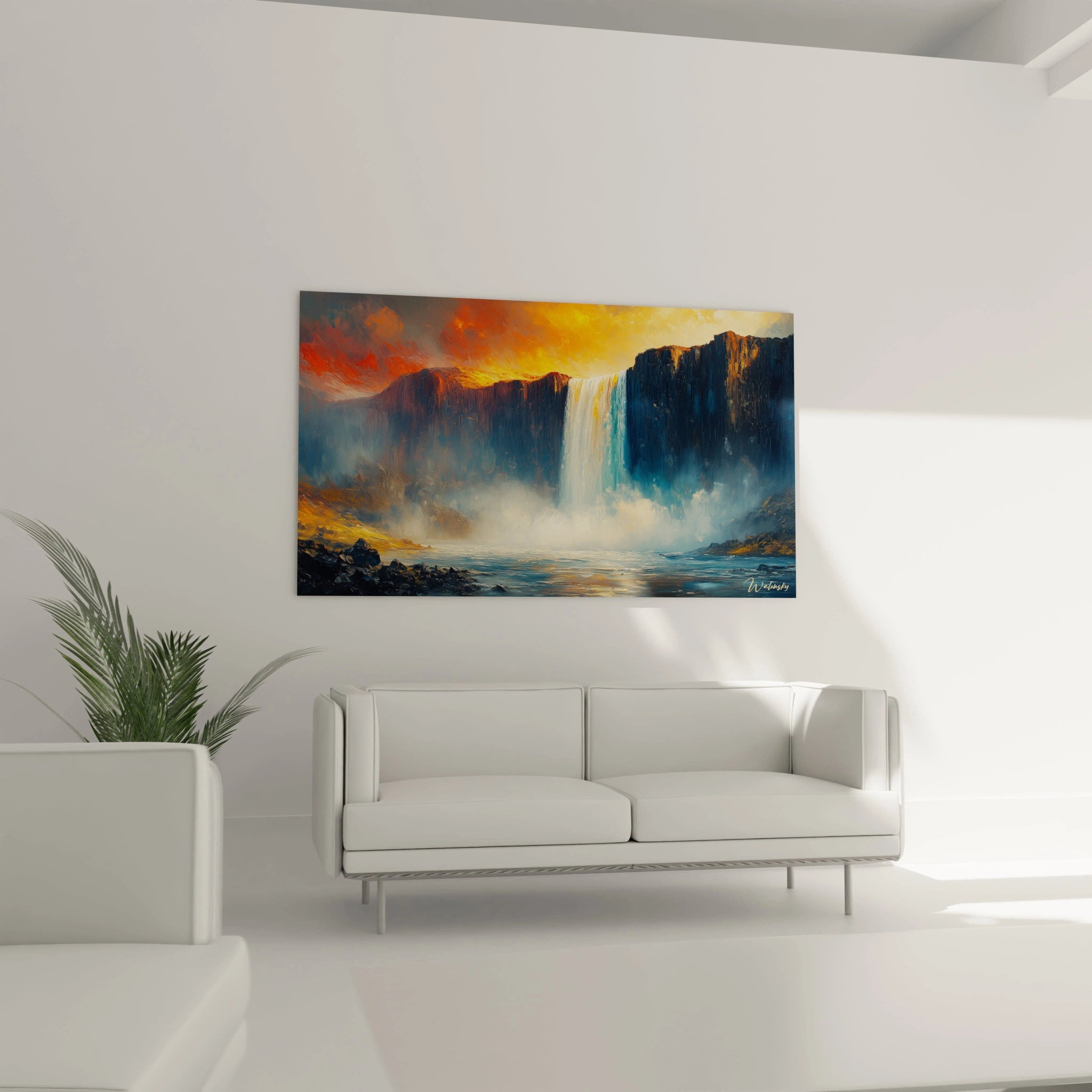 Tableau cascade illustrant une chute d'eau majestueuse dans un paysage naturel dramatique, où se rencontrent des tons bleus profonds, blancs écumeux et orangés célestes, avec un jeu de lumière créant des reflets dorés sur la surface de l'eau.