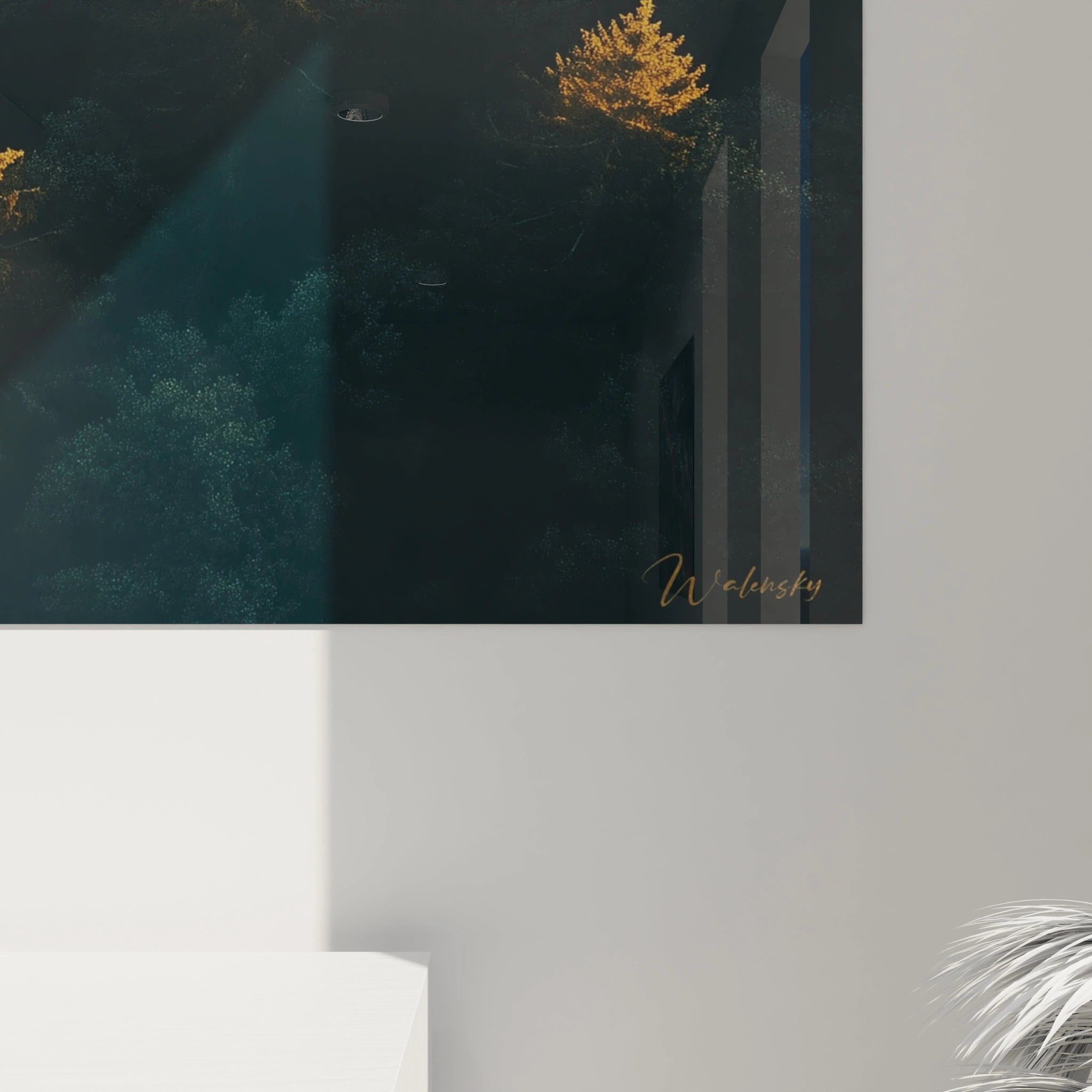 Tableau forêt Walensky montrant arbres sombres avec un seul arbre jaune illuminé en coin