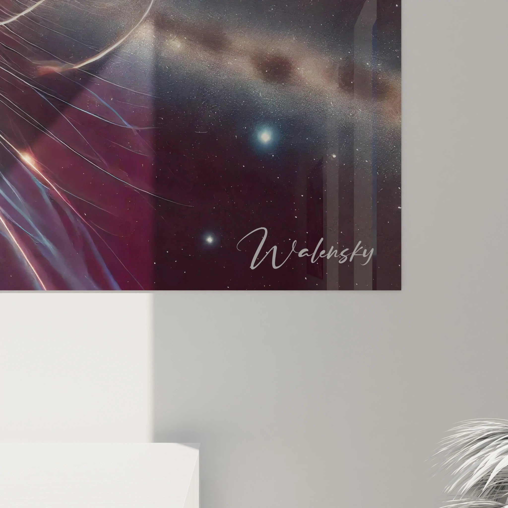 Détails raffinés des lignes précises et chaos subtil en bleu, blanc et or capturant l’énergie des champs magnétiques.