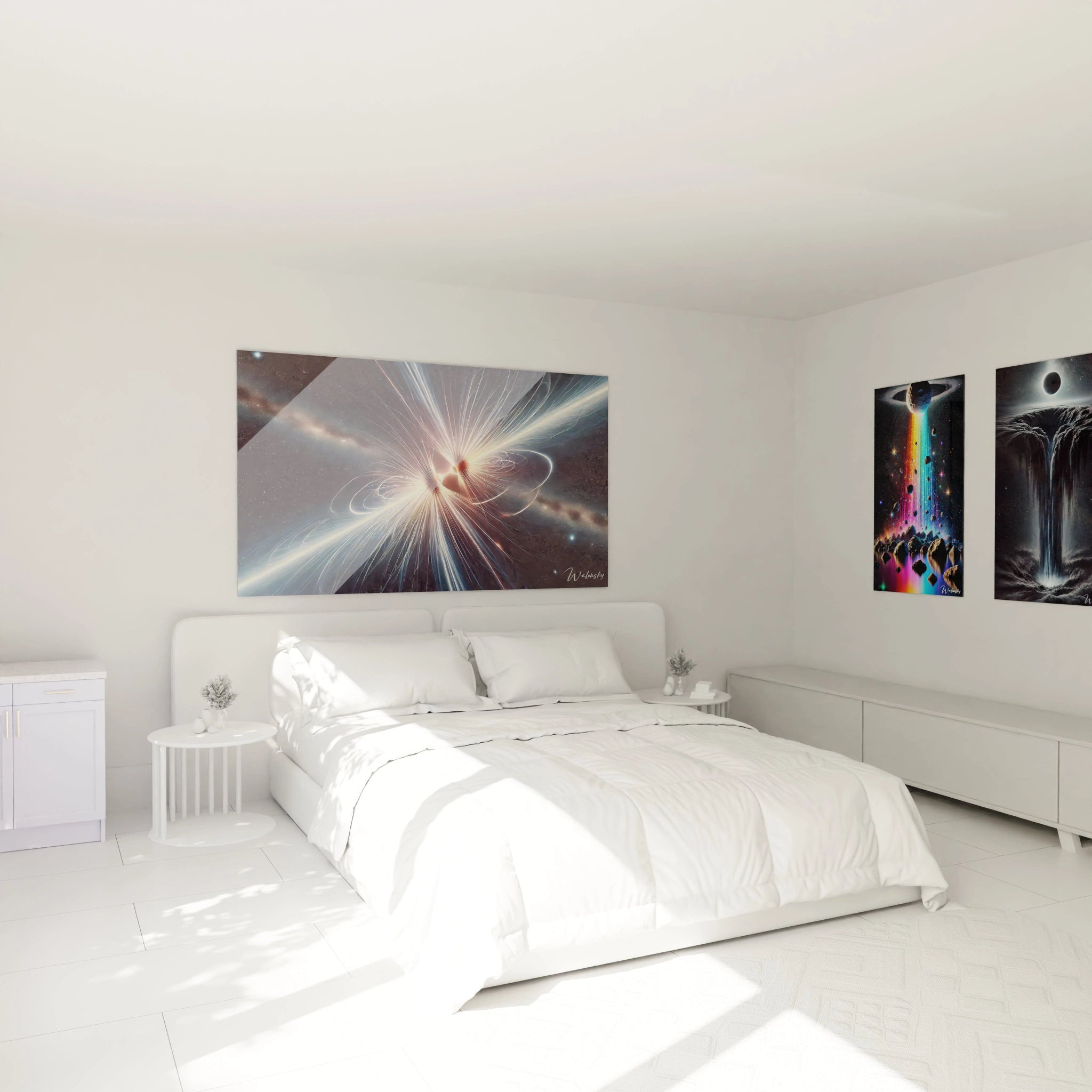 Lignes dynamiques et couleurs contrastées créent une ambiance calme et introspective avec une touche de mystère cosmique.