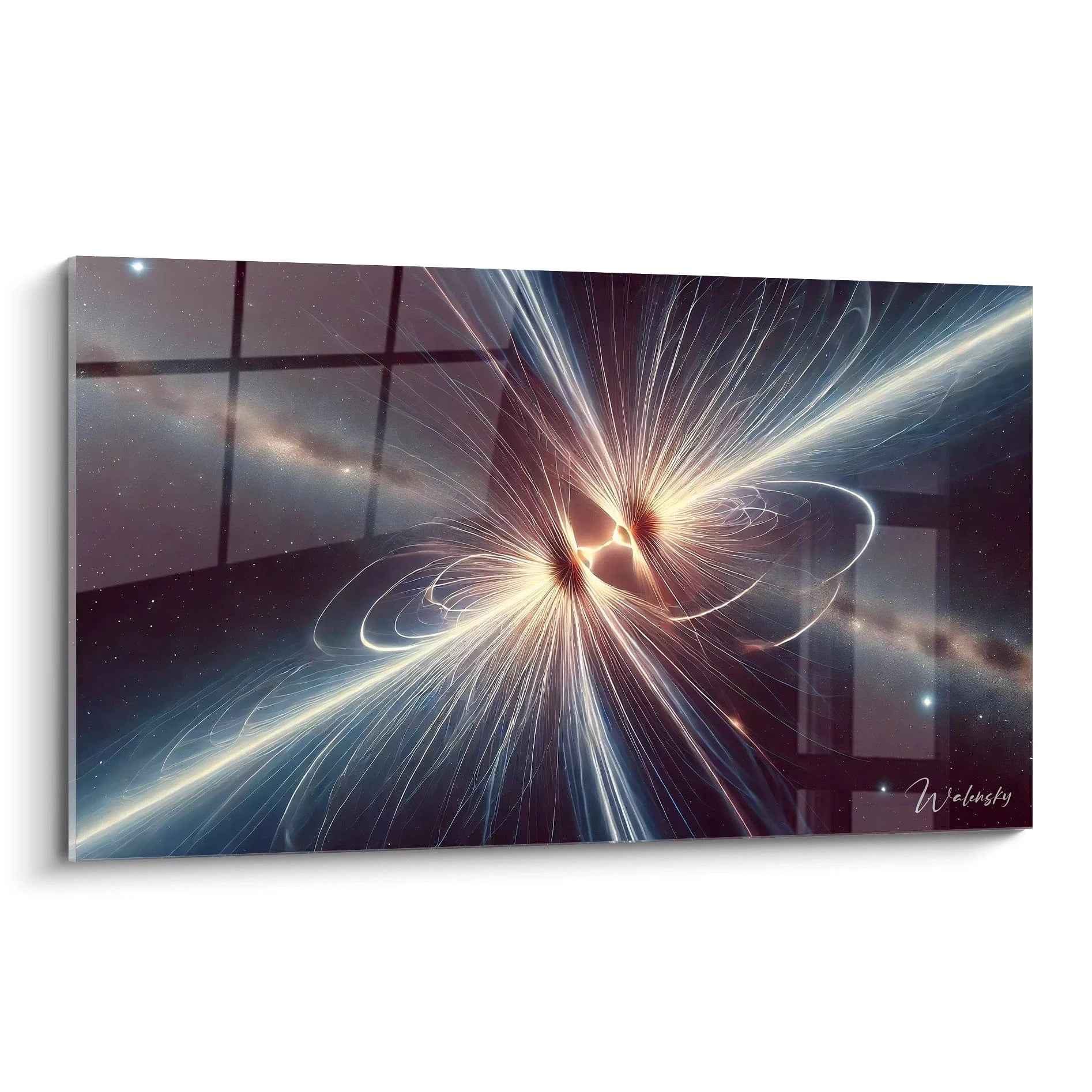 Courbes fluides et éclats lumineux bleu, blanc et or représentant des champs magnétiques et énergies cosmiques dans un style abstrait.