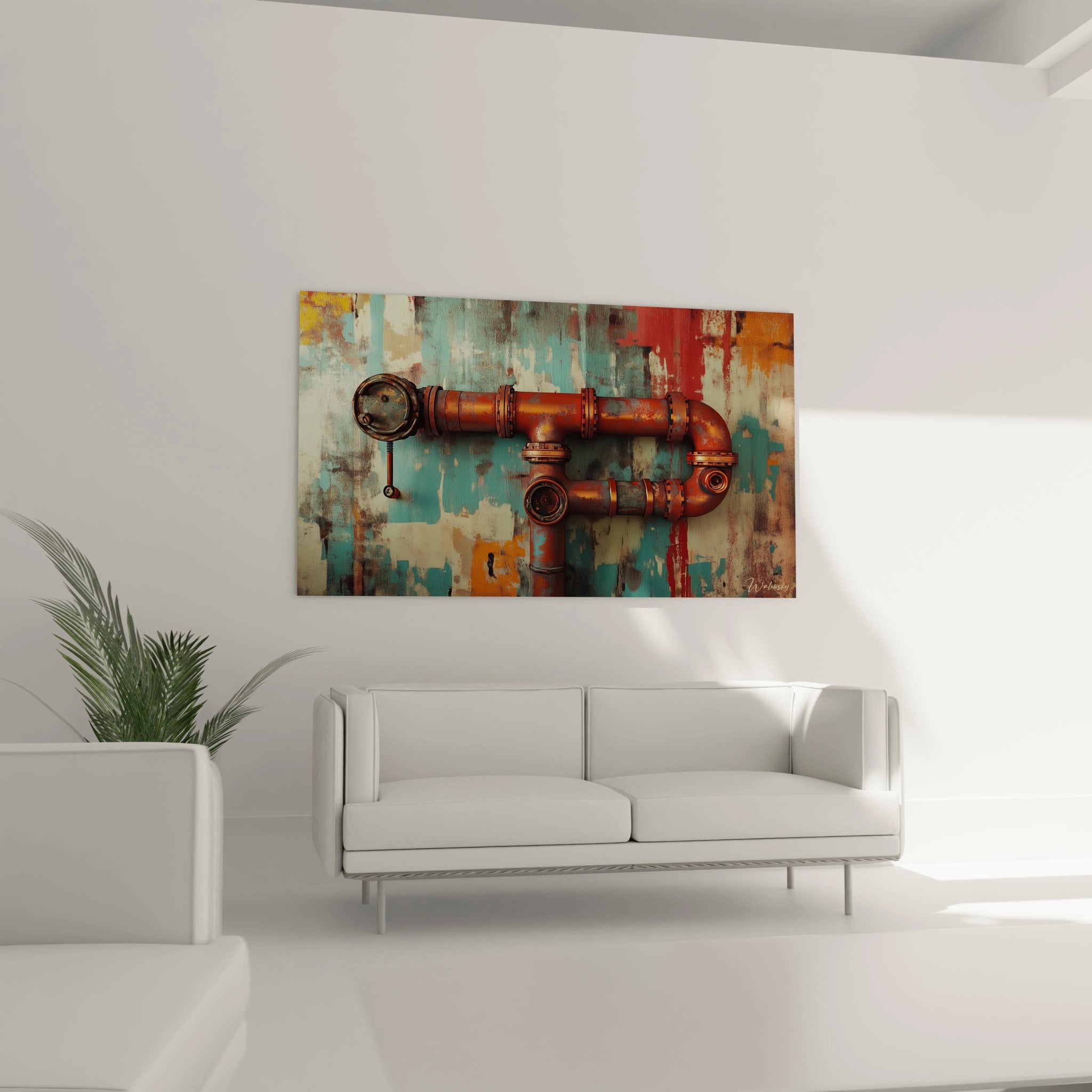 Un tableau tuyauterie vintage présentant un assemblage de tuyaux bronzés avec une valve et un cadran de pression, posé sur un arrière-plan texturé multicolore. Les reflets sur le métal rouillé captent la lumière tandis que le fond évoque un mur urbain érodé.