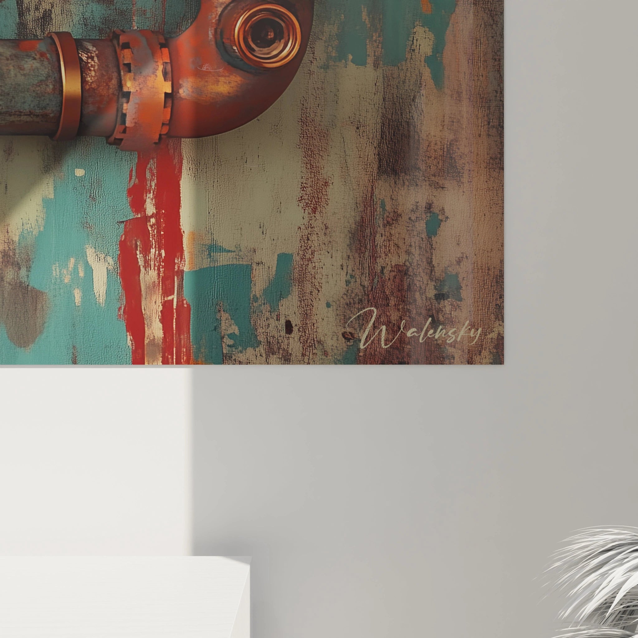 Un tableau steampunk figurant une installation de tuyaux en cuivre avec raccords et manomètre circulaire sur un fond peint en turquoise, blanc et touches d'orange. L'œuvre joue sur le contraste entre la précision mécanique et l'abstraction expressive de l'arrière-plan.