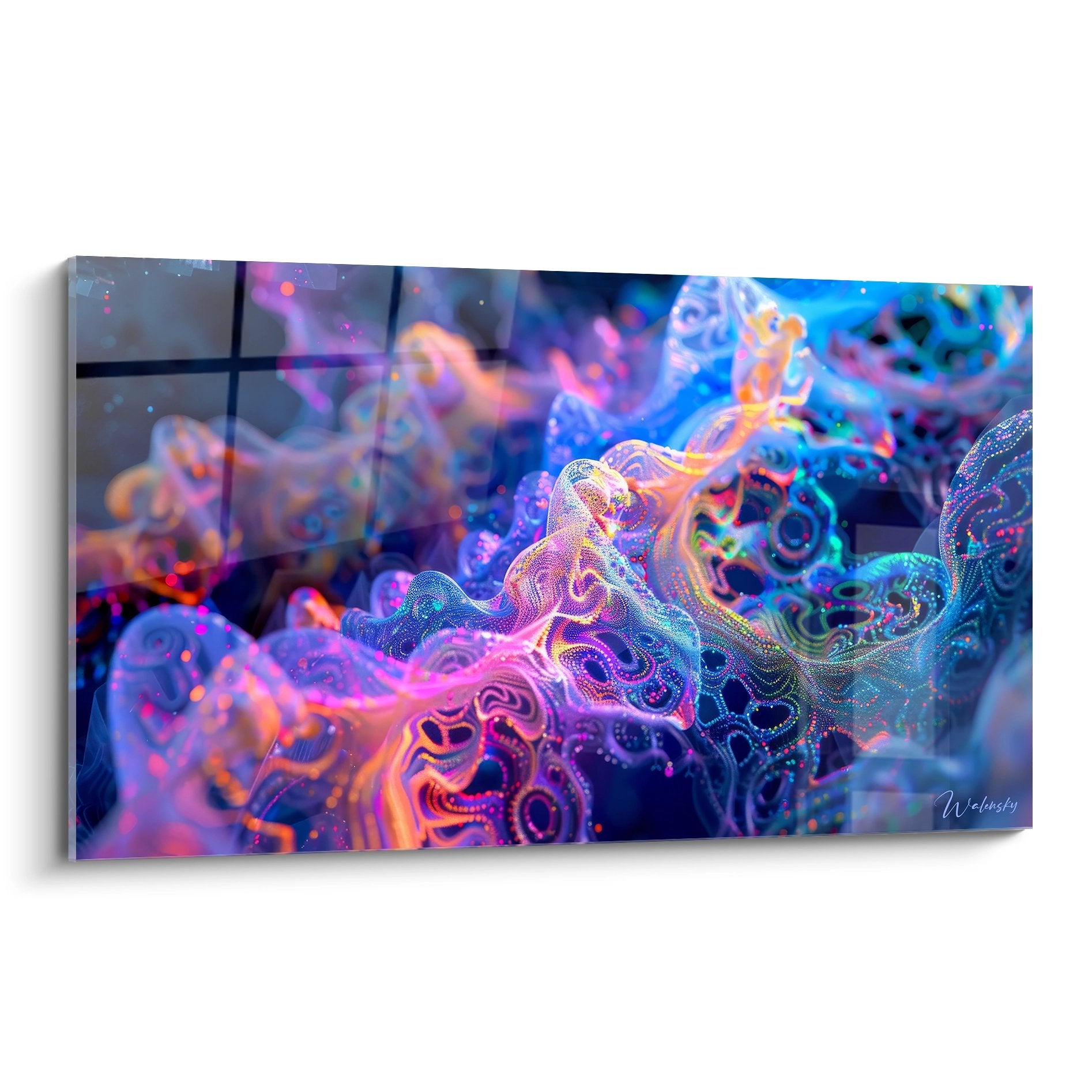 Tableau mural connexions synaptiques abstraites aux couleurs vibrantes bleu rose orange neuronal moderne