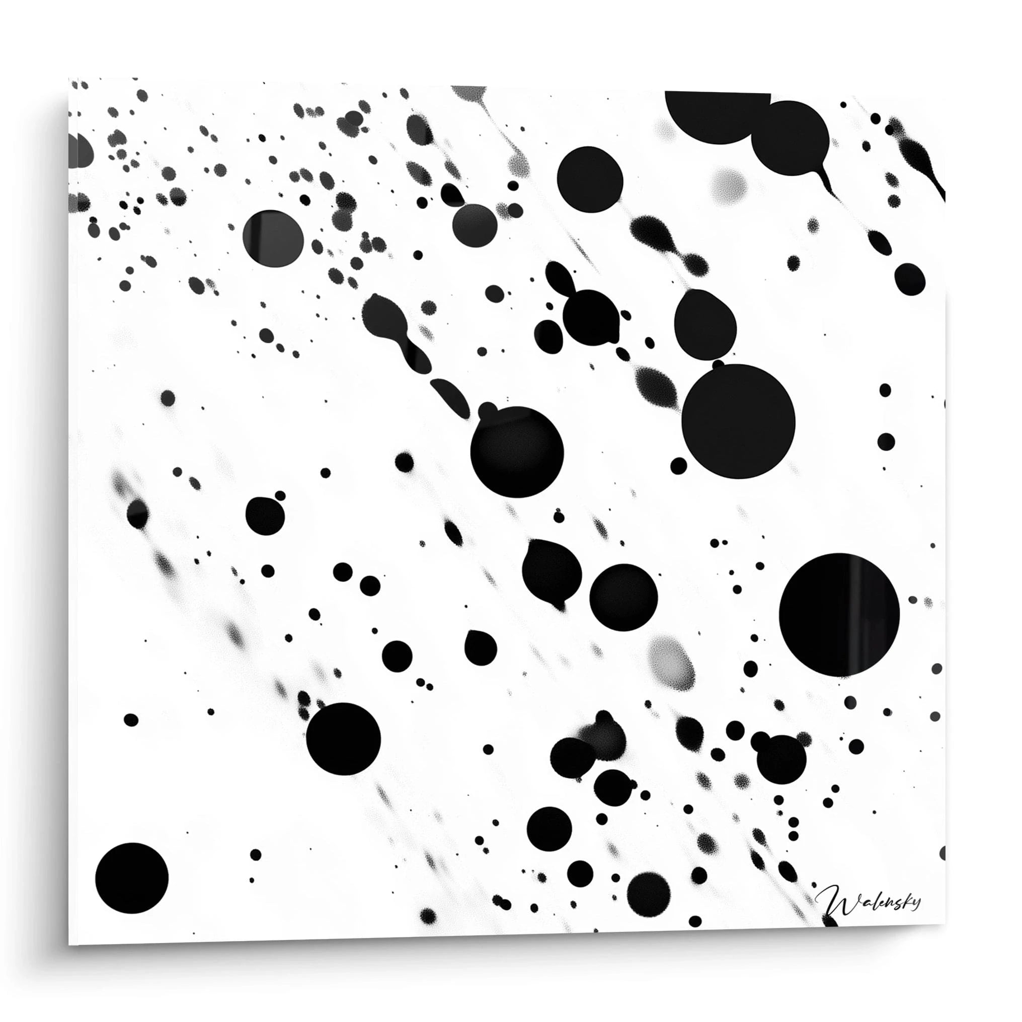 Tableau tacheté noir et blanc de Walensky avec des formes abstraites et des éclats de peinture