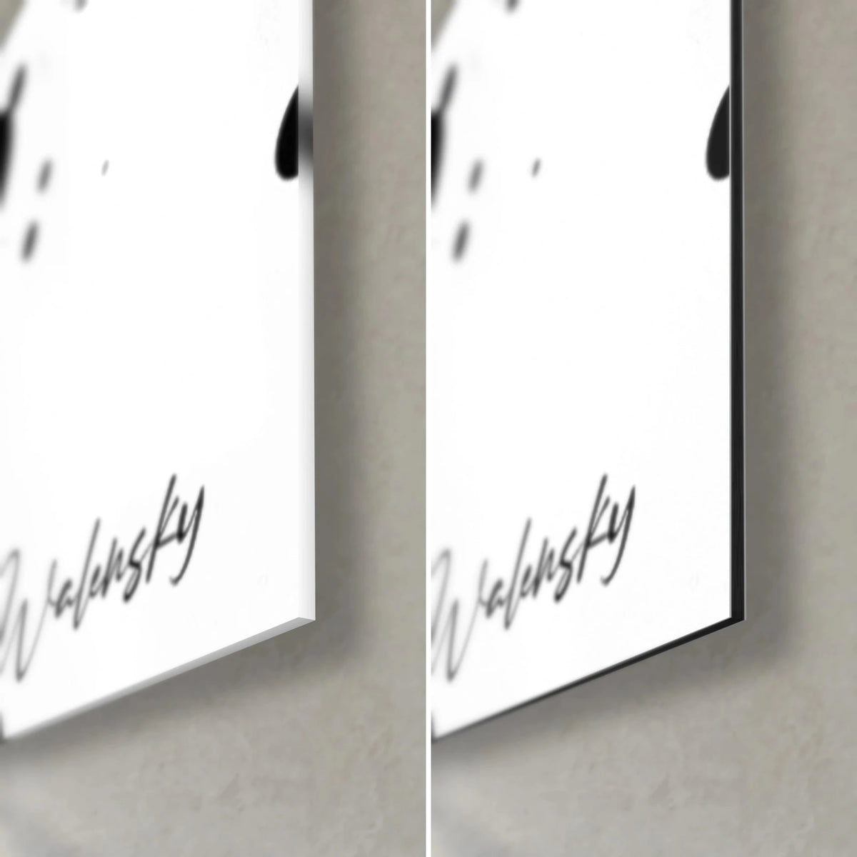 Gemälde mit schwarzen Tintenspritzern auf weißem Grund, Signatur Walensky, untere rechte Ecke: glänzendes Acrylglas und matt gebürstetes Dibond-Aluminium