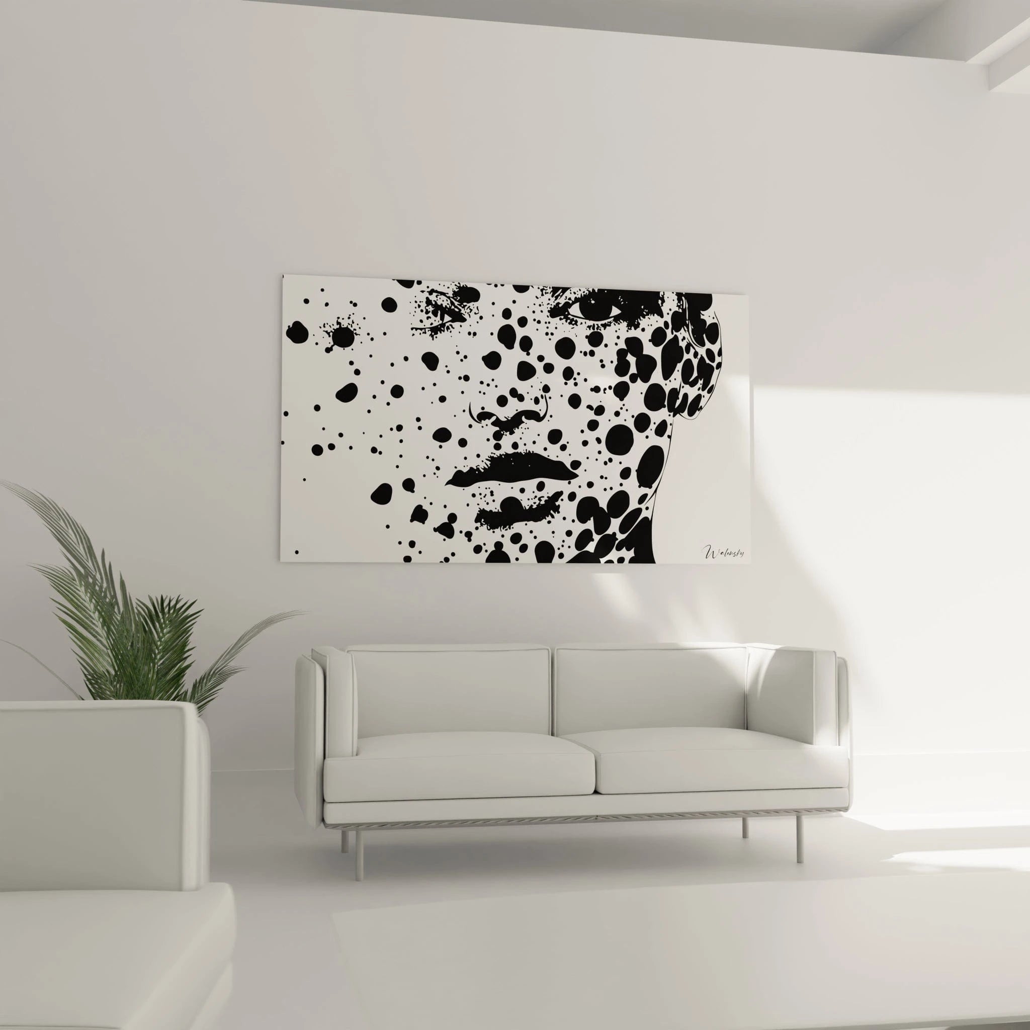 Tableau visage noir et blanc de Walensky avec des éclaboussures artistiques, parfait pour la décoration intérieure