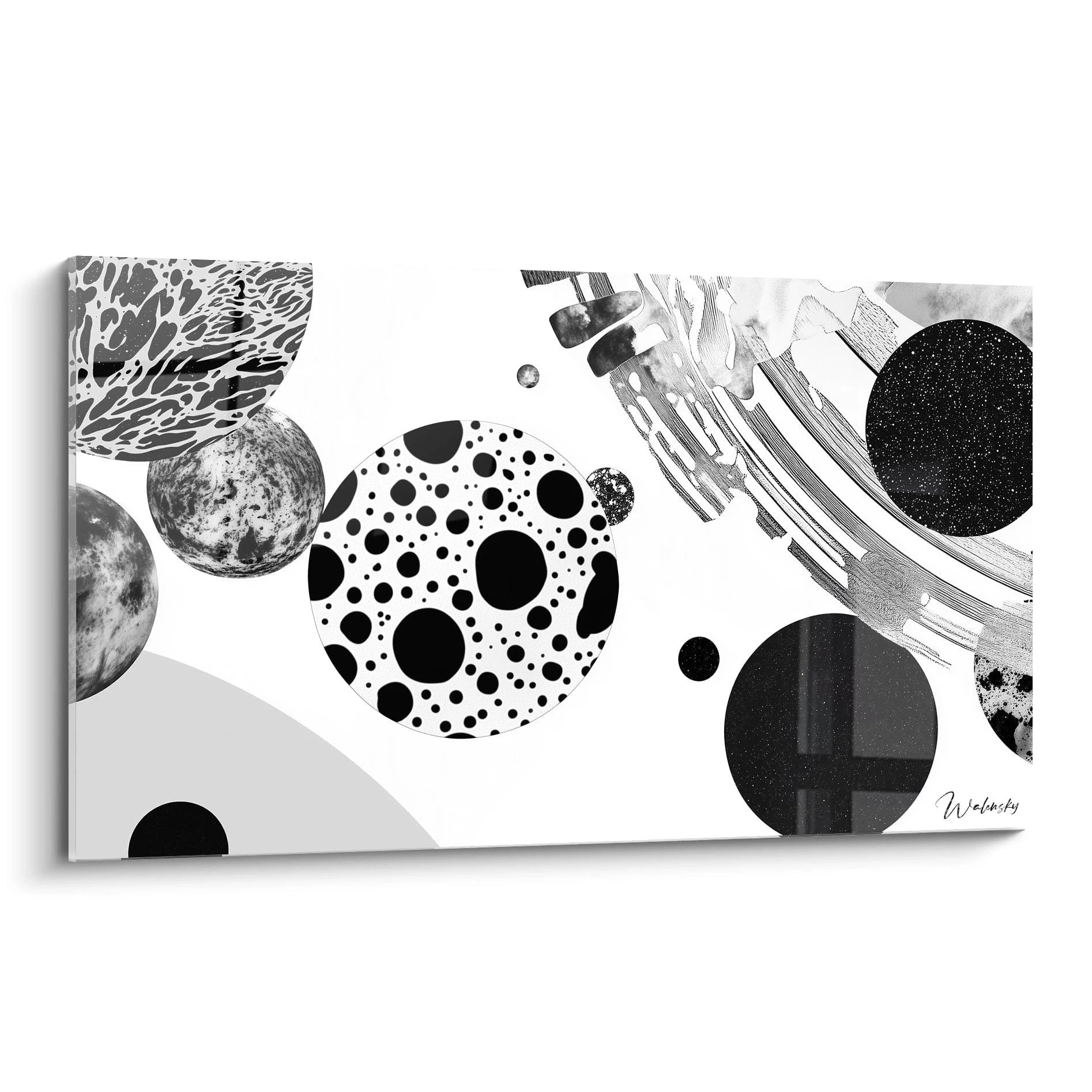 Tableau Walensky en noir et blanc avec motifs géométriques de cercles et planètes pour décoration moderne