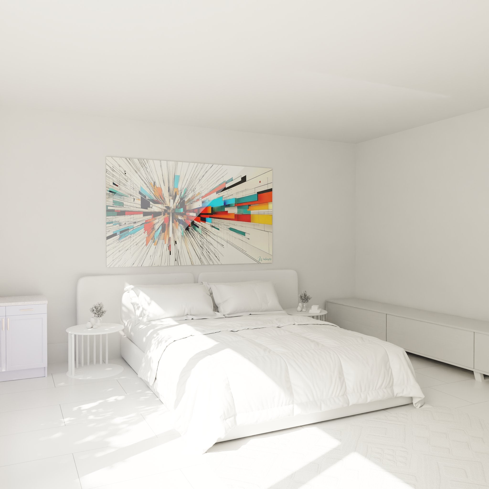 Ambiance chambre avec tableau explosion géométrique constructivisme décoration murale moderne colorée